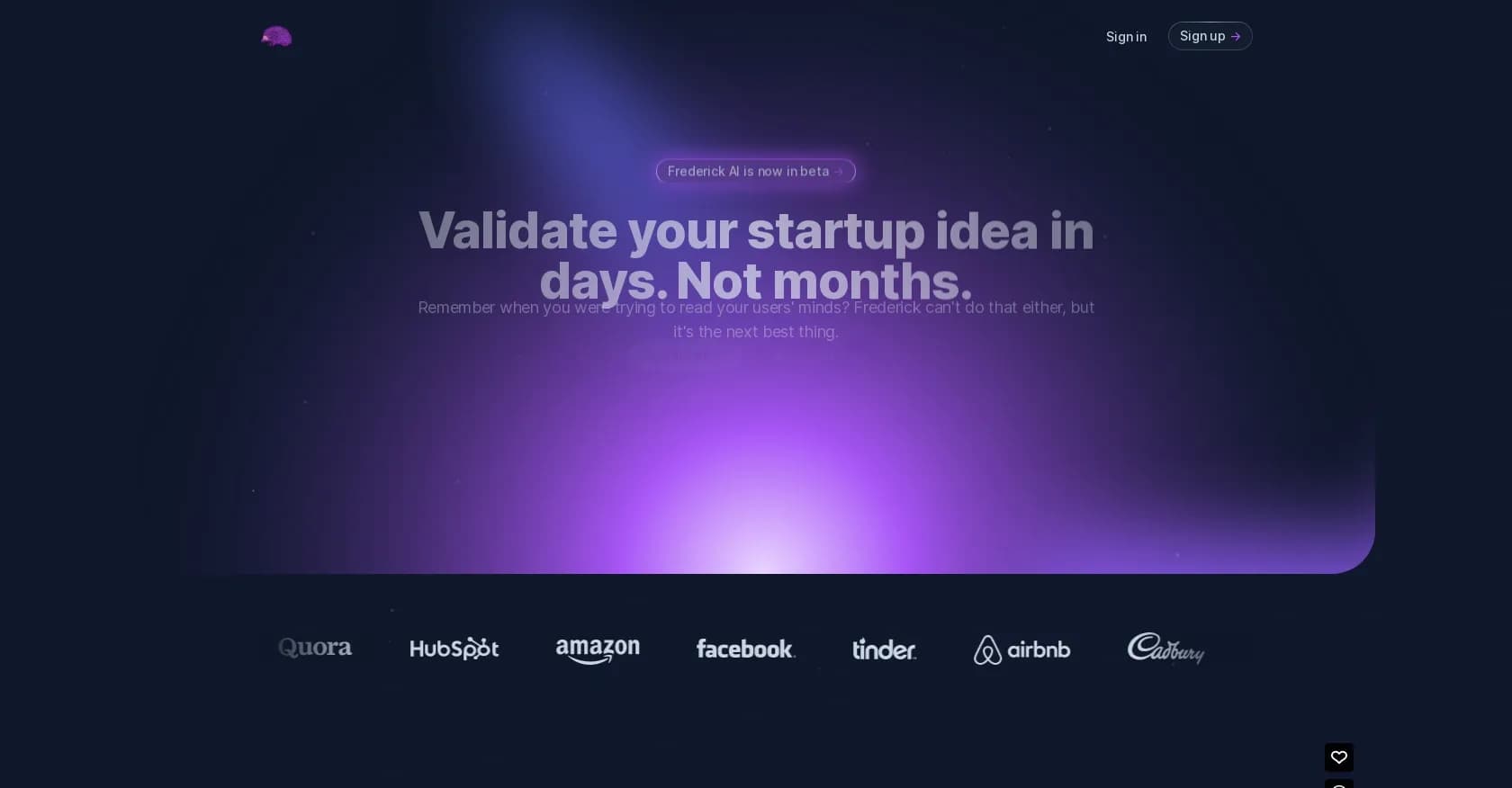 Frederick homepage screenshot — Idea validation, planning, user feedback, networking.