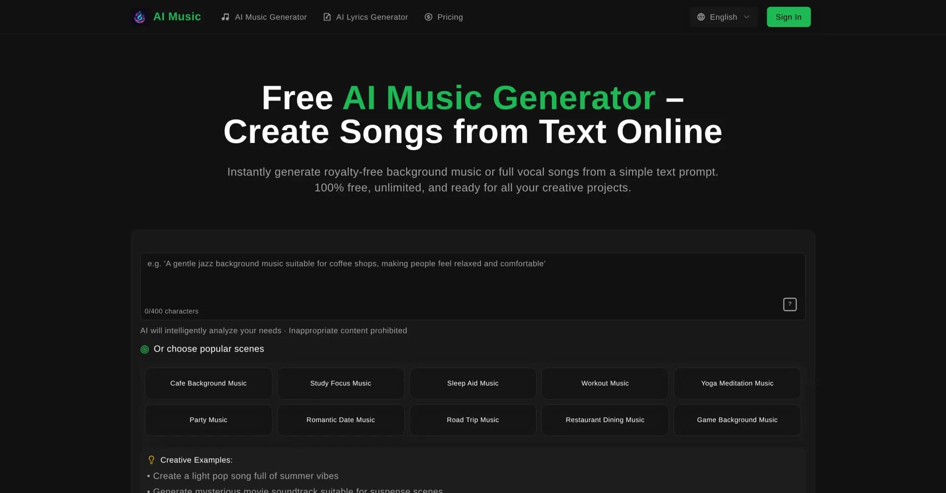 Free AI Music Generator homepage screenshot — Create songs from text instantly