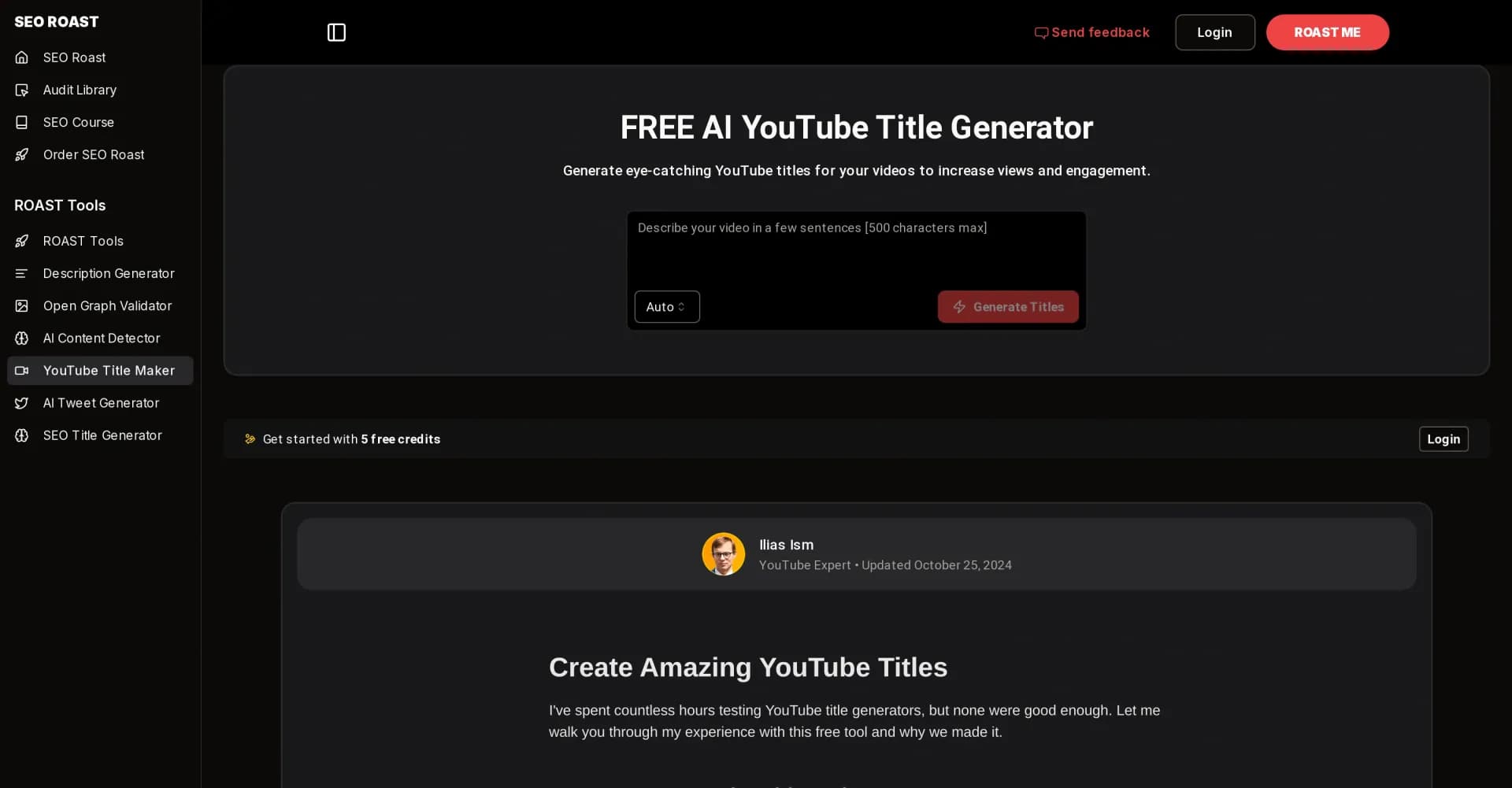 FREE AI YouTube Title Generator homepage screenshot — Generate eye-catching YouTube titles that boost views and en
