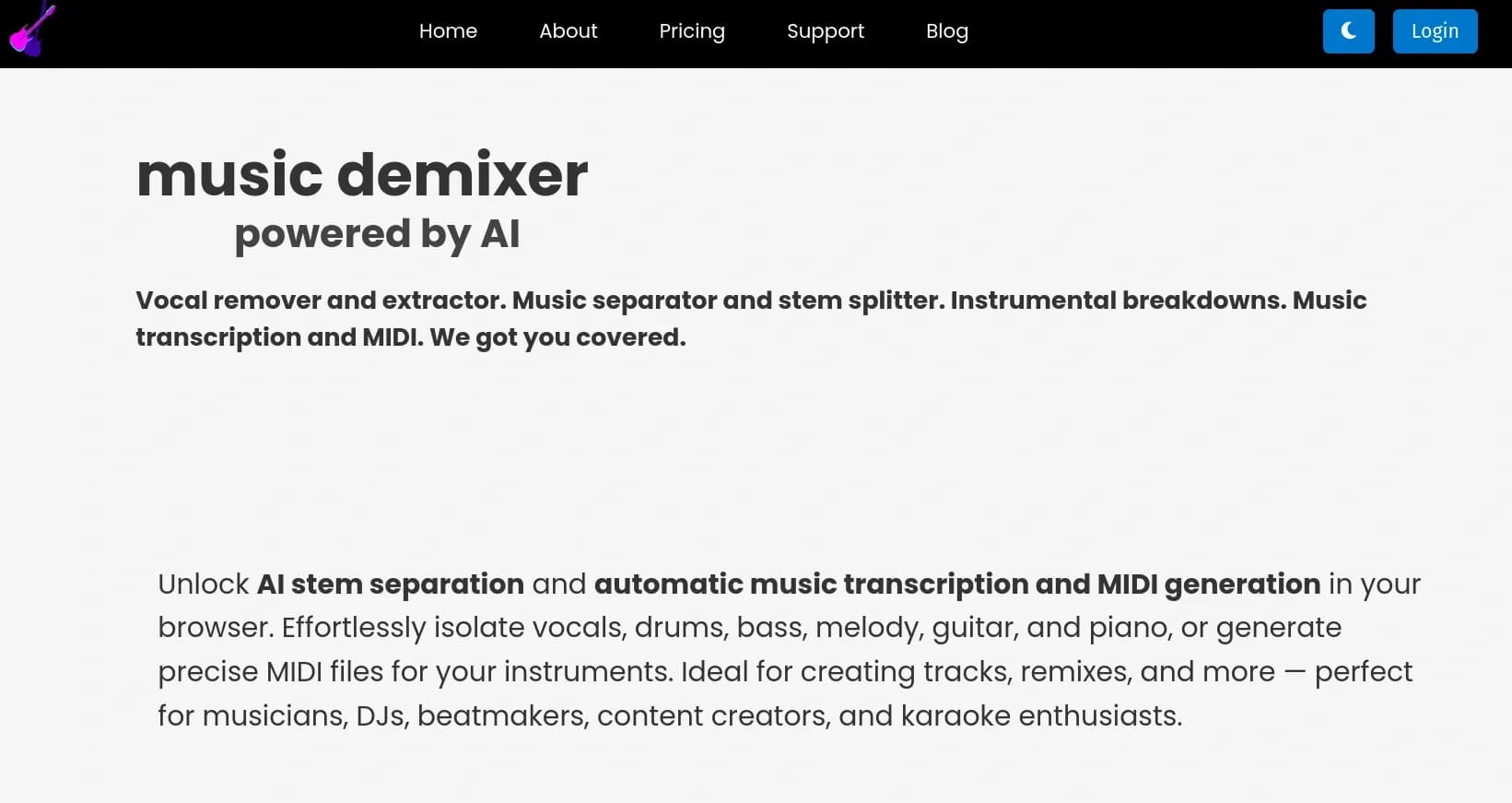 Free Music Demixerv2.0 homepage screenshot — Music separation for audio remixing.