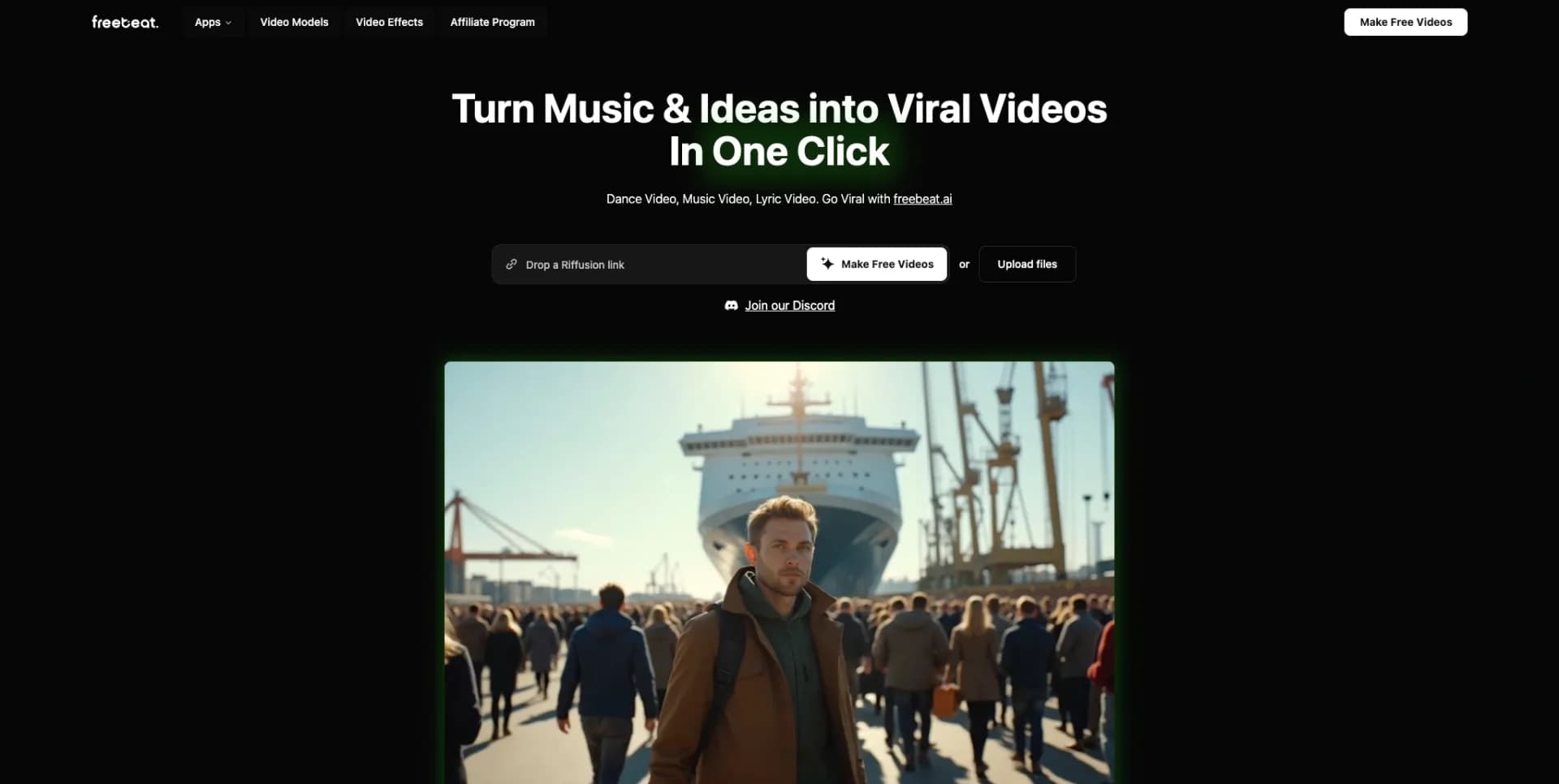 freebeat AI 9.2.0 homepage screenshot — Turn Music & Ideas into Viral Videos In One Click