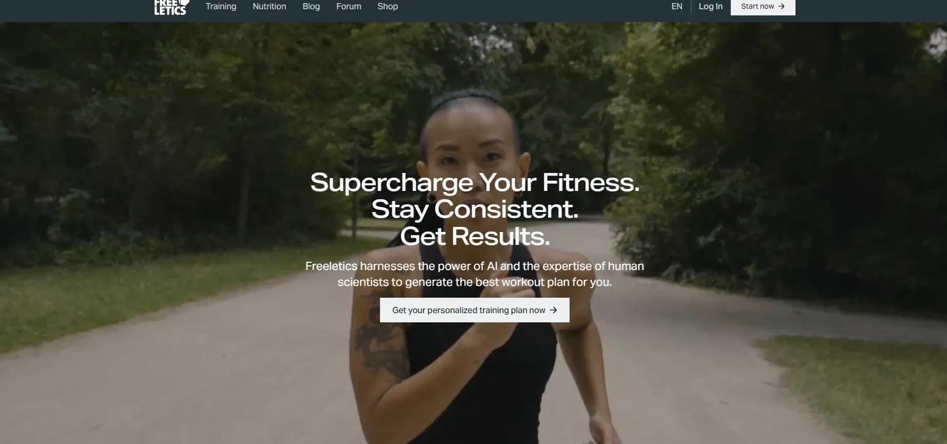 Freeletics homepage screenshot — Personalized fitness, anytime, anywhere.