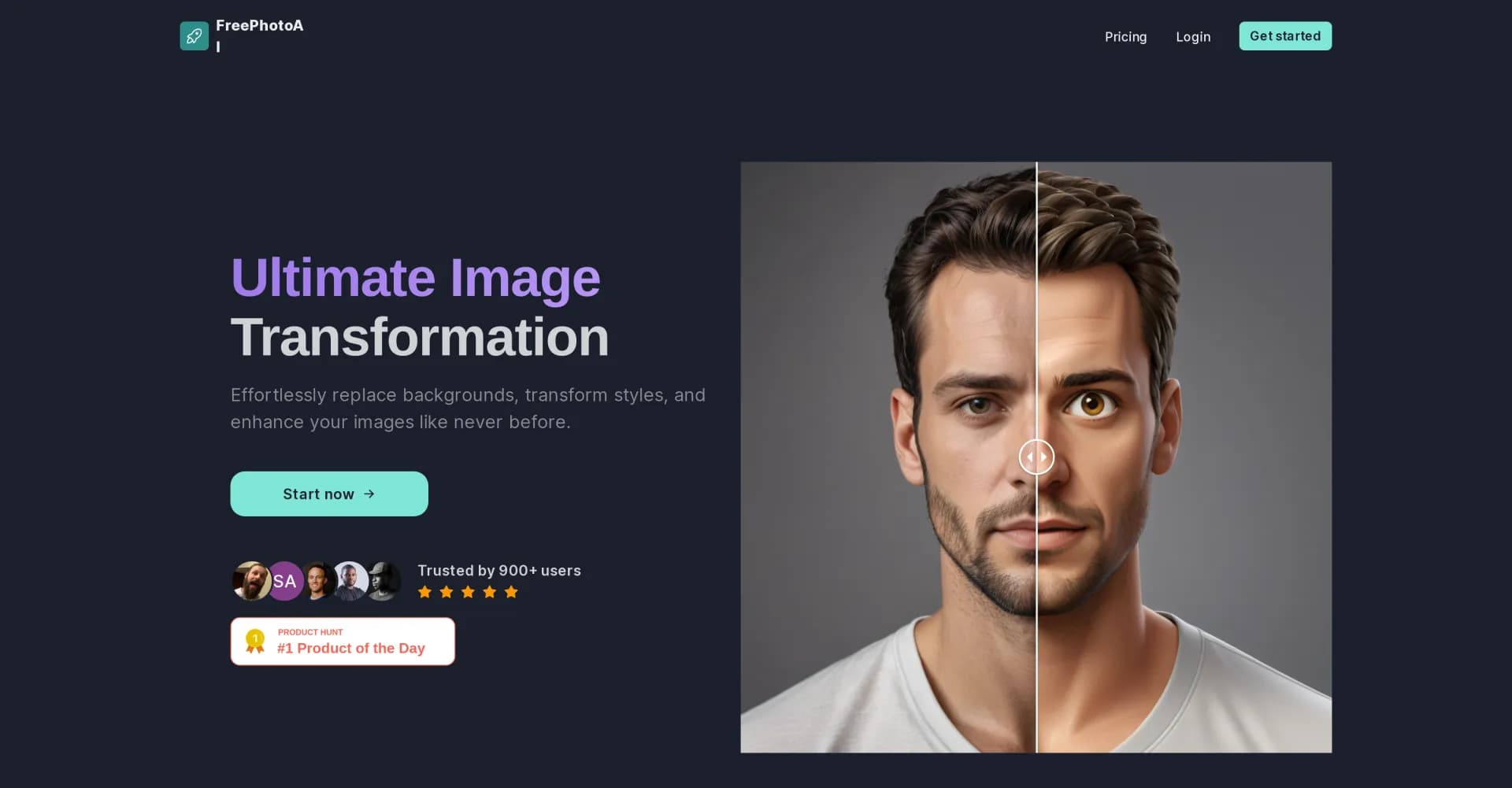 FreePhotoAI homepage screenshot — Create professional photos with AI