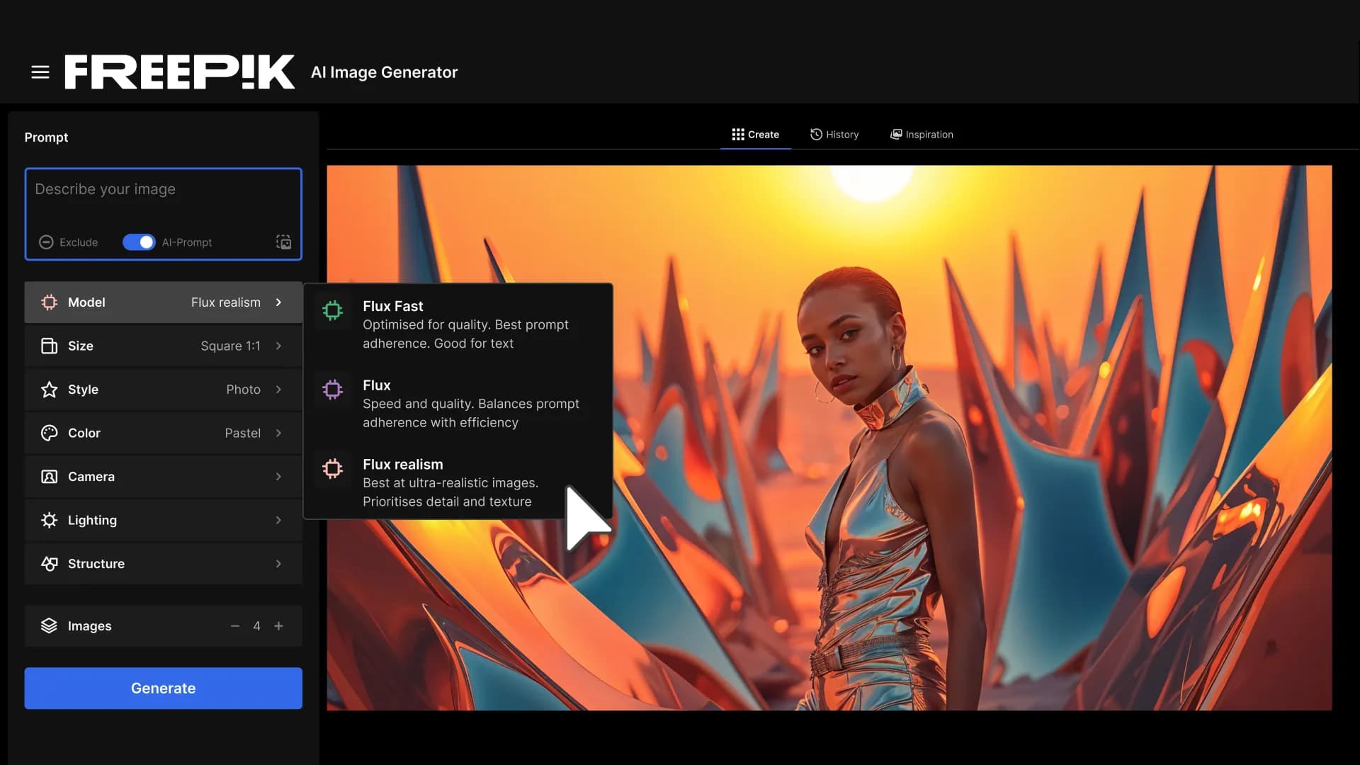Freepik AI Image Generatorv2.0 homepage screenshot — Stunning art designs created with image generator.