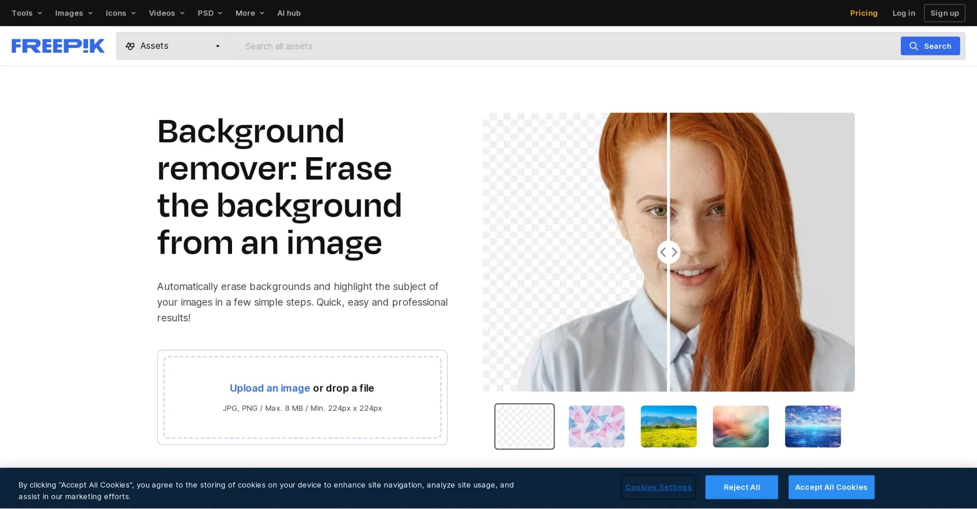Freepik Background Remover homepage screenshot — Erase the background from your images effortlessly.