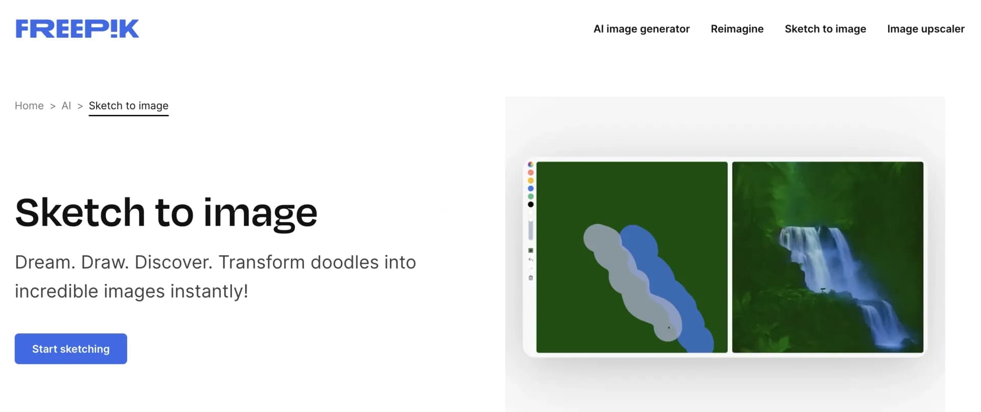 Freepik Sketch to Image homepage screenshot — Envision and sketch any image, AI transforms it into art in 