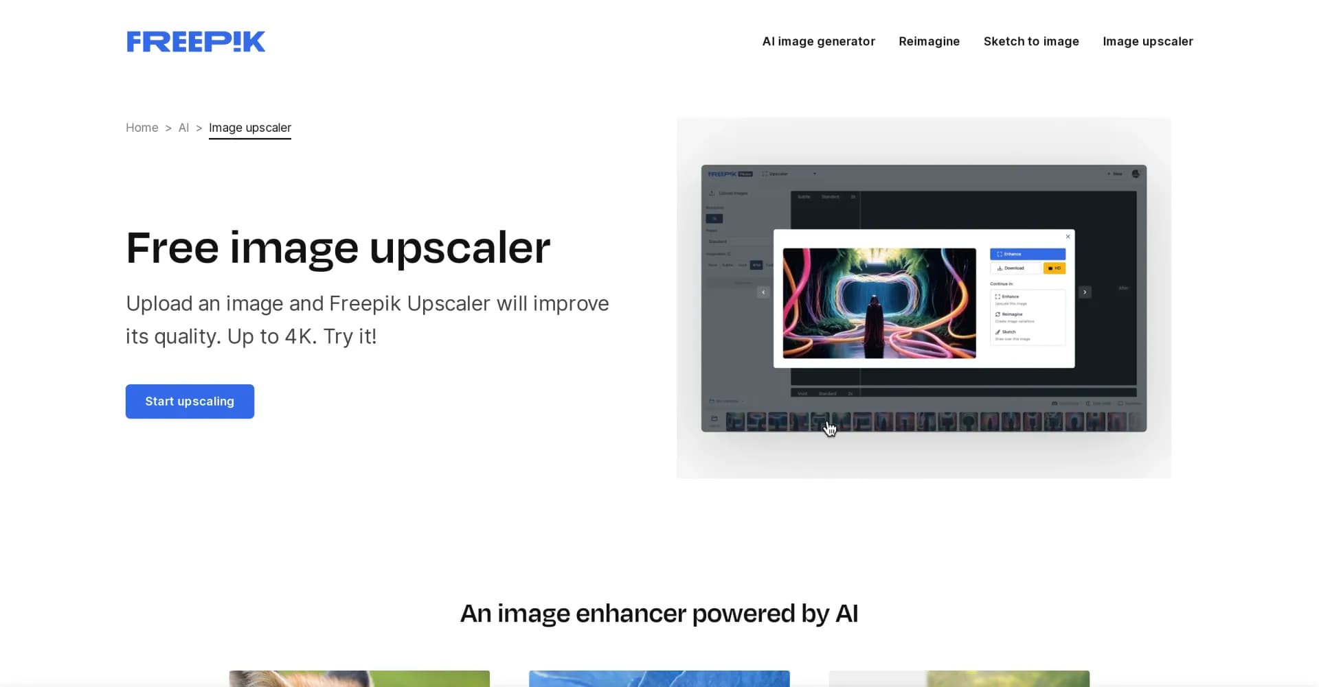 Freepik Upscaler homepage screenshot — Improve image quality with AI upscaling.
