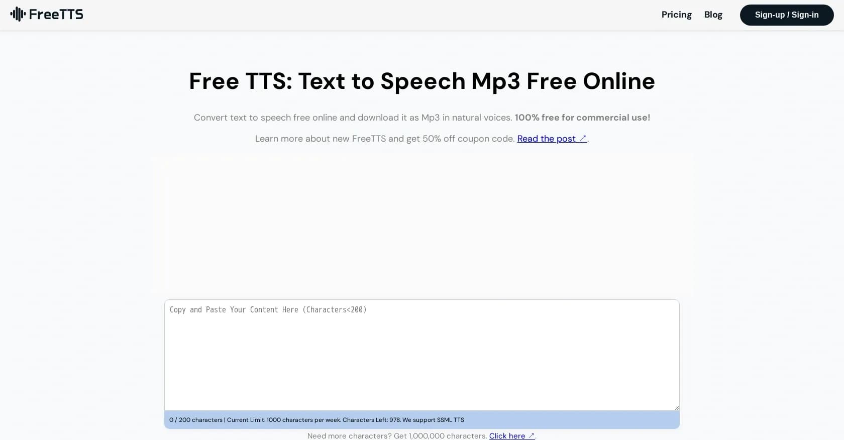 FreeTTS homepage screenshot — Convert text to natural-sounding speech for free
