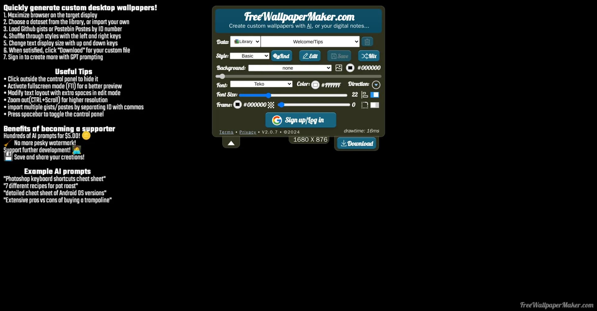 FreeWallpaperMaker homepage screenshot — Create custom wallpapers with AI and digital notes