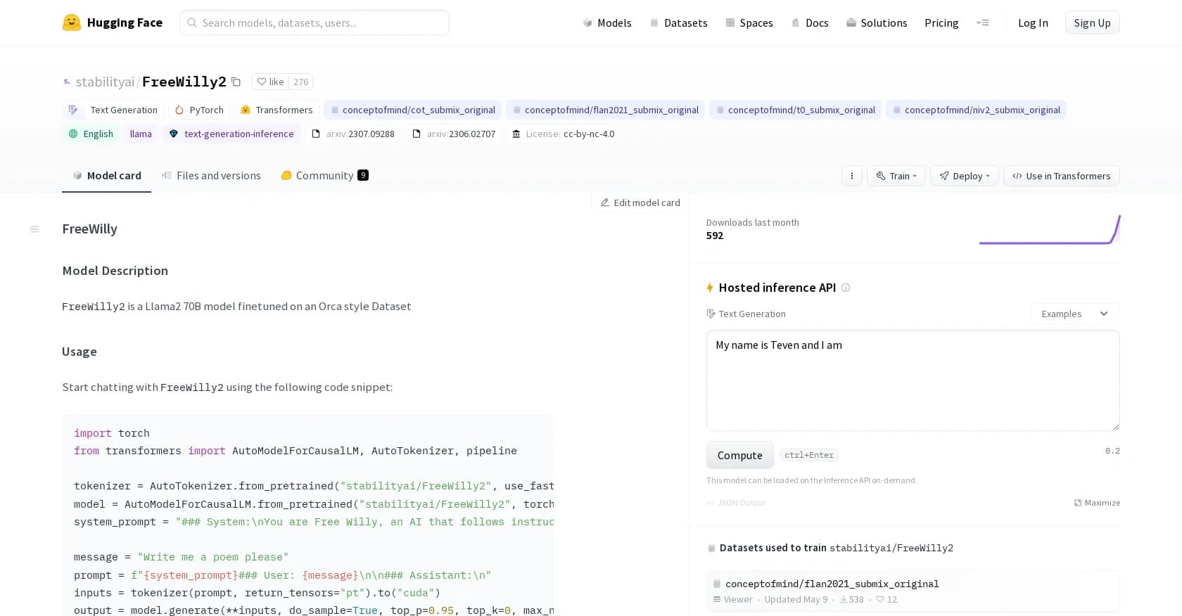 FreeWilly2 homepage screenshot — Advance AI through open source and open science