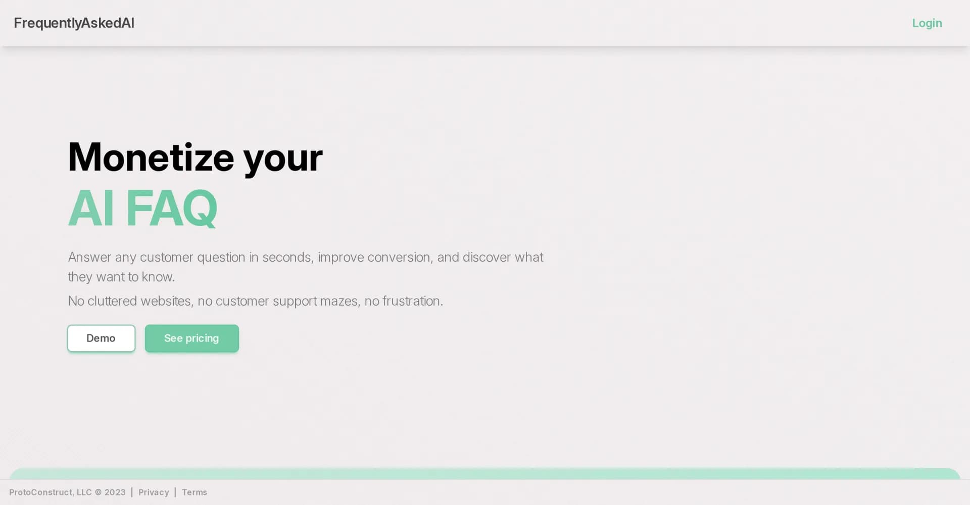 FrequentlyAskedAI homepage screenshot — Create interactive AI FAQs to boost conversions
