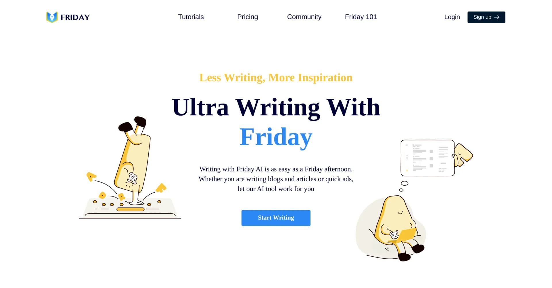 HeyFriday homepage screenshot — AI writing assistant for blogs, ads, and stories