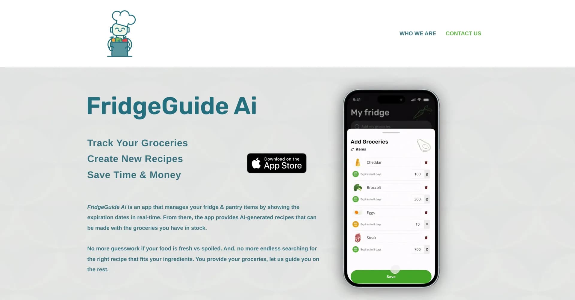 FridgeGuide homepage screenshot — Your AI kitchen assistant for smarter meal planning.