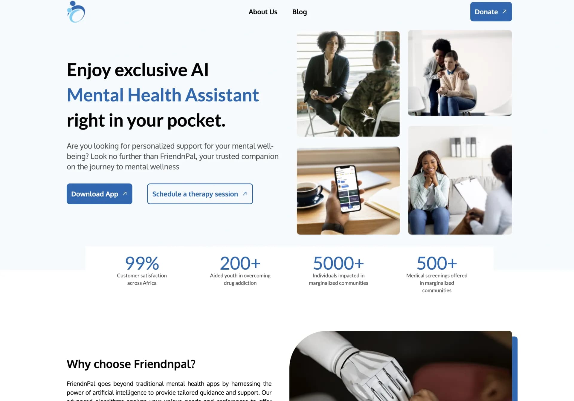 FriendnPal homepage screenshot — Your pocket AI mental health assistant.