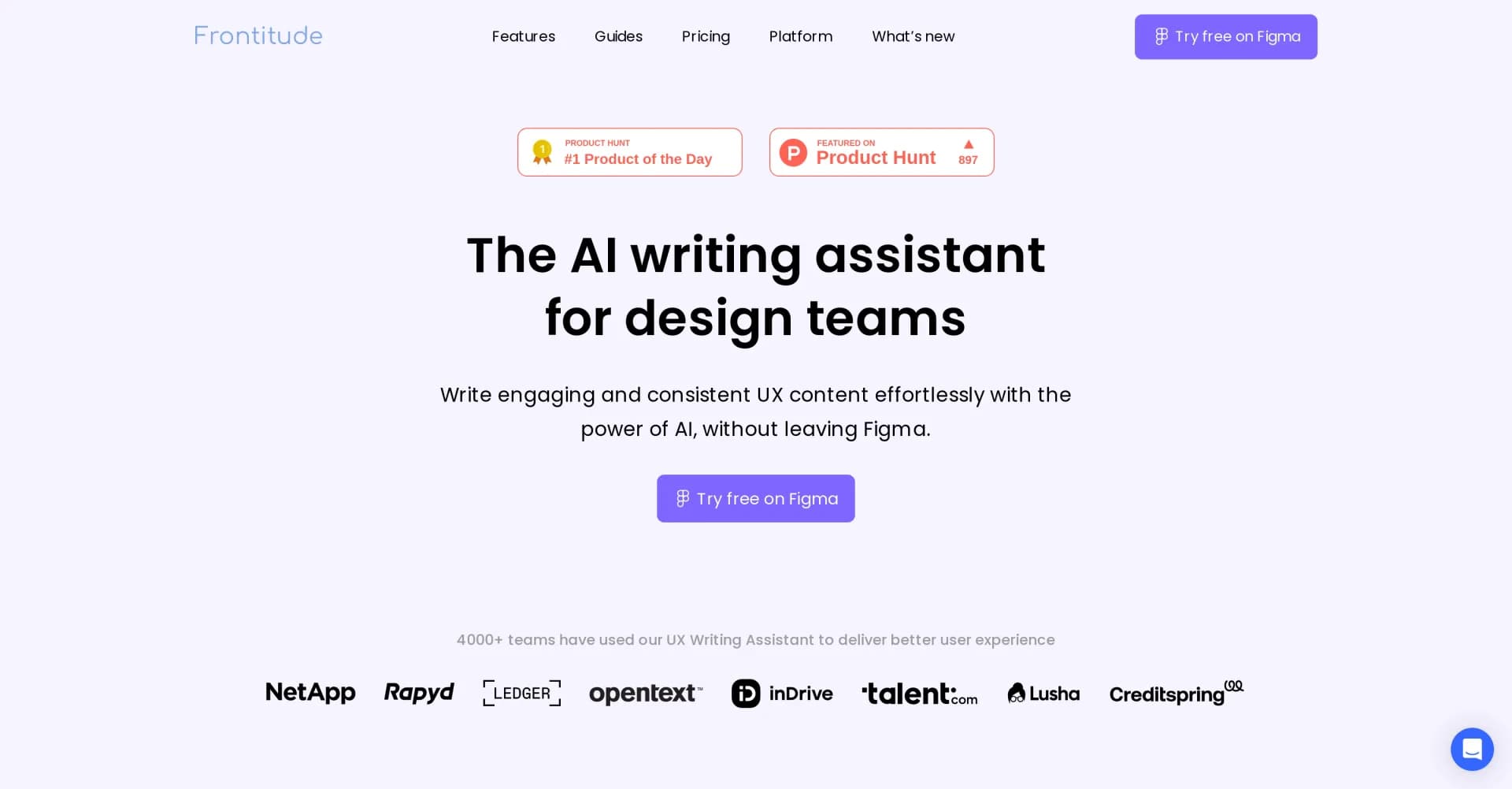 Frontitude homepage screenshot — AI writing assistant for design teams in Figma