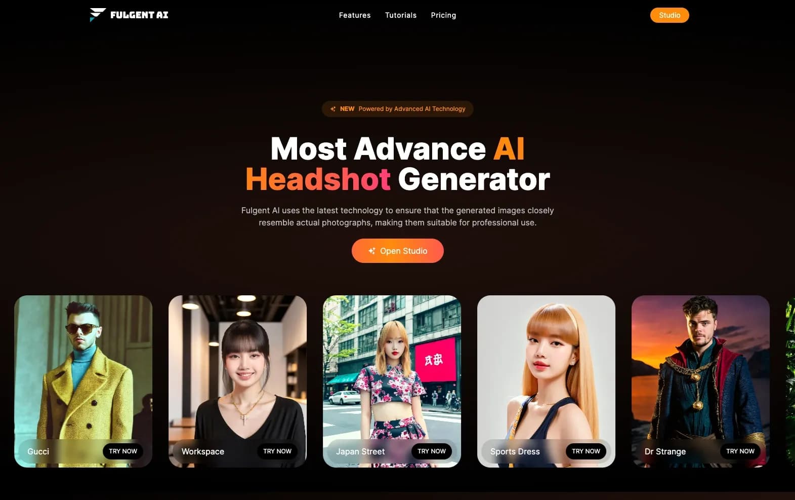 Fulgent AI | AI Headshots homepage screenshot — Create your own professional AI-generated headshot in minute