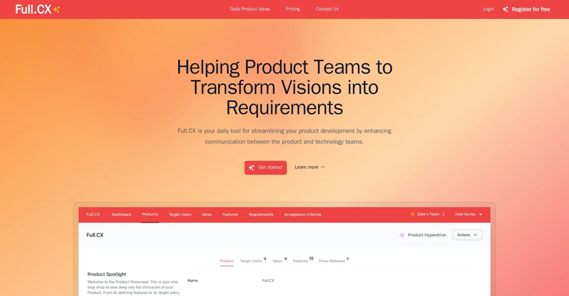 Full.CX homepage screenshot — 10X your product team's effectiveness.
