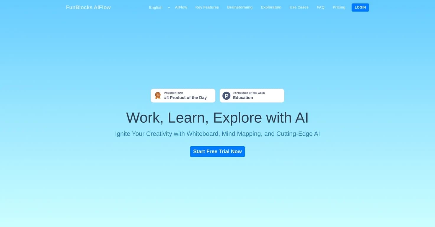 FunBlocks AIFlow homepage screenshot — Ignite creativity with AI-powered whiteboarding and mind map