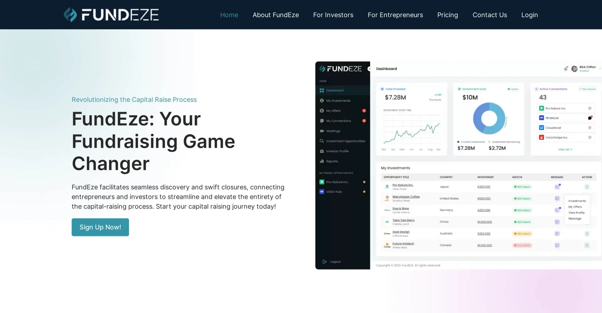 FundEze homepage screenshot — Smart matchmaking for entrepreneurs and investors