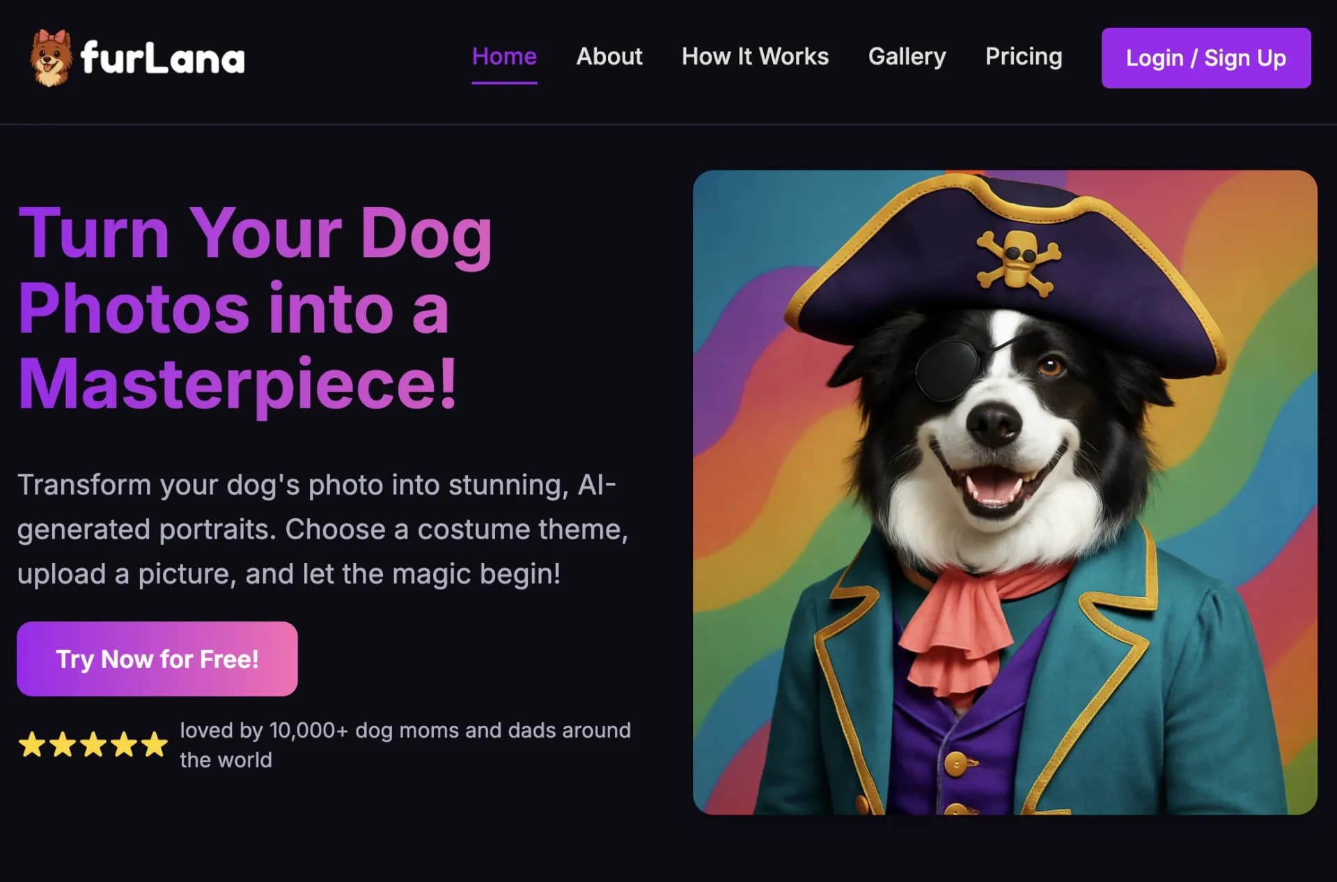 furLana homepage screenshot — Turn your dog's photo into a magical AI masterpiece!
