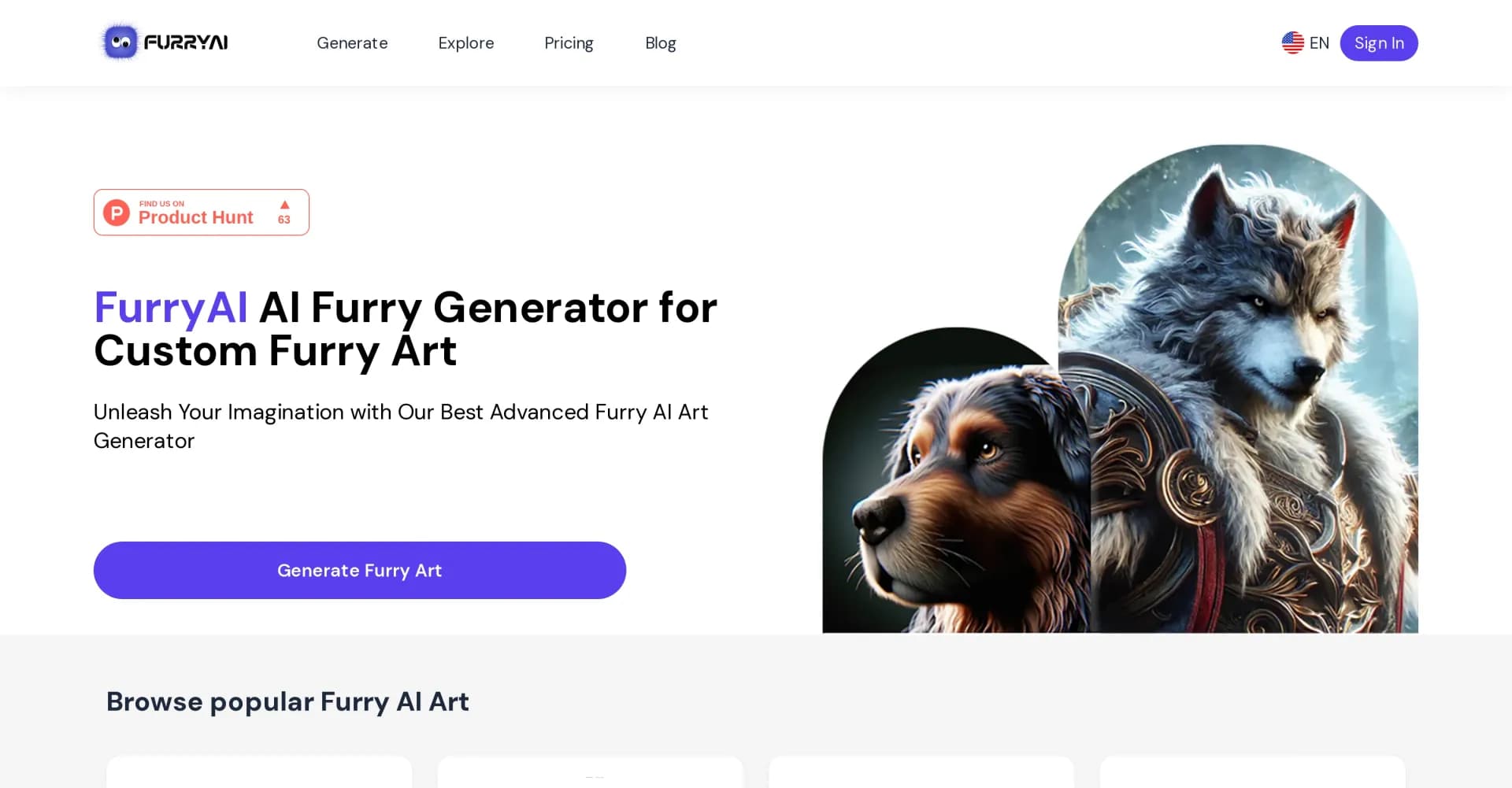Furry AI Art Generator homepage screenshot — Create custom furry art with AI in seconds
