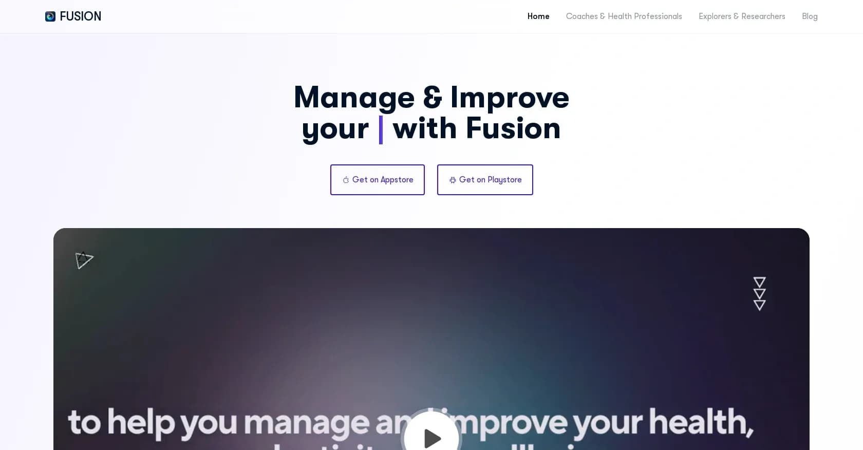 Fusion App homepage screenshot — Manage & improve well-being with data-driven insights.