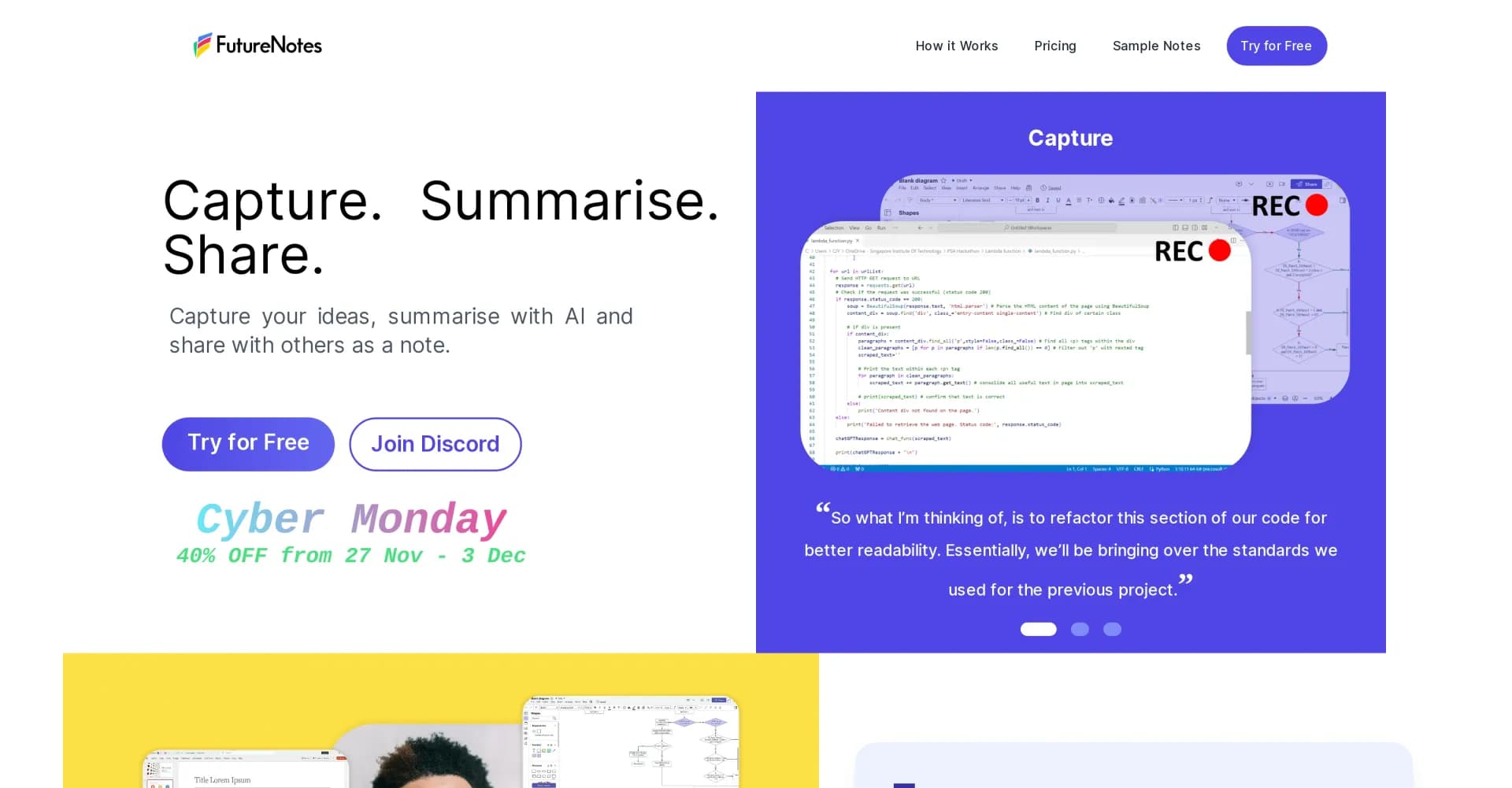Futurenotes homepage screenshot — Capture ideas, summarize with AI, share as notes.