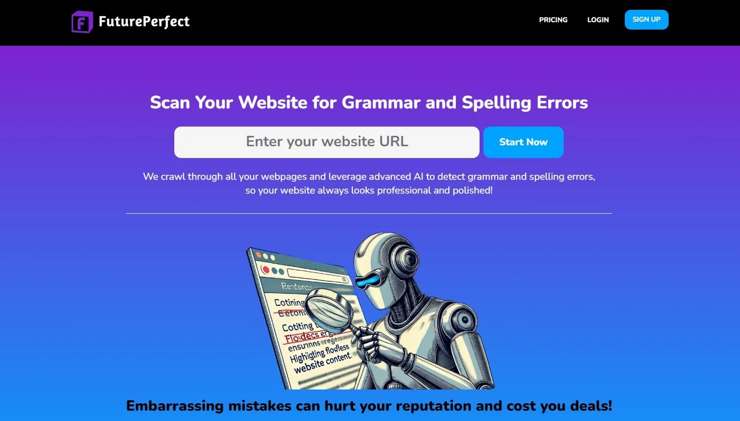 FuturePerfect homepage screenshot — Scan Your Entire Website to Detect Spelling and Grammar Mist