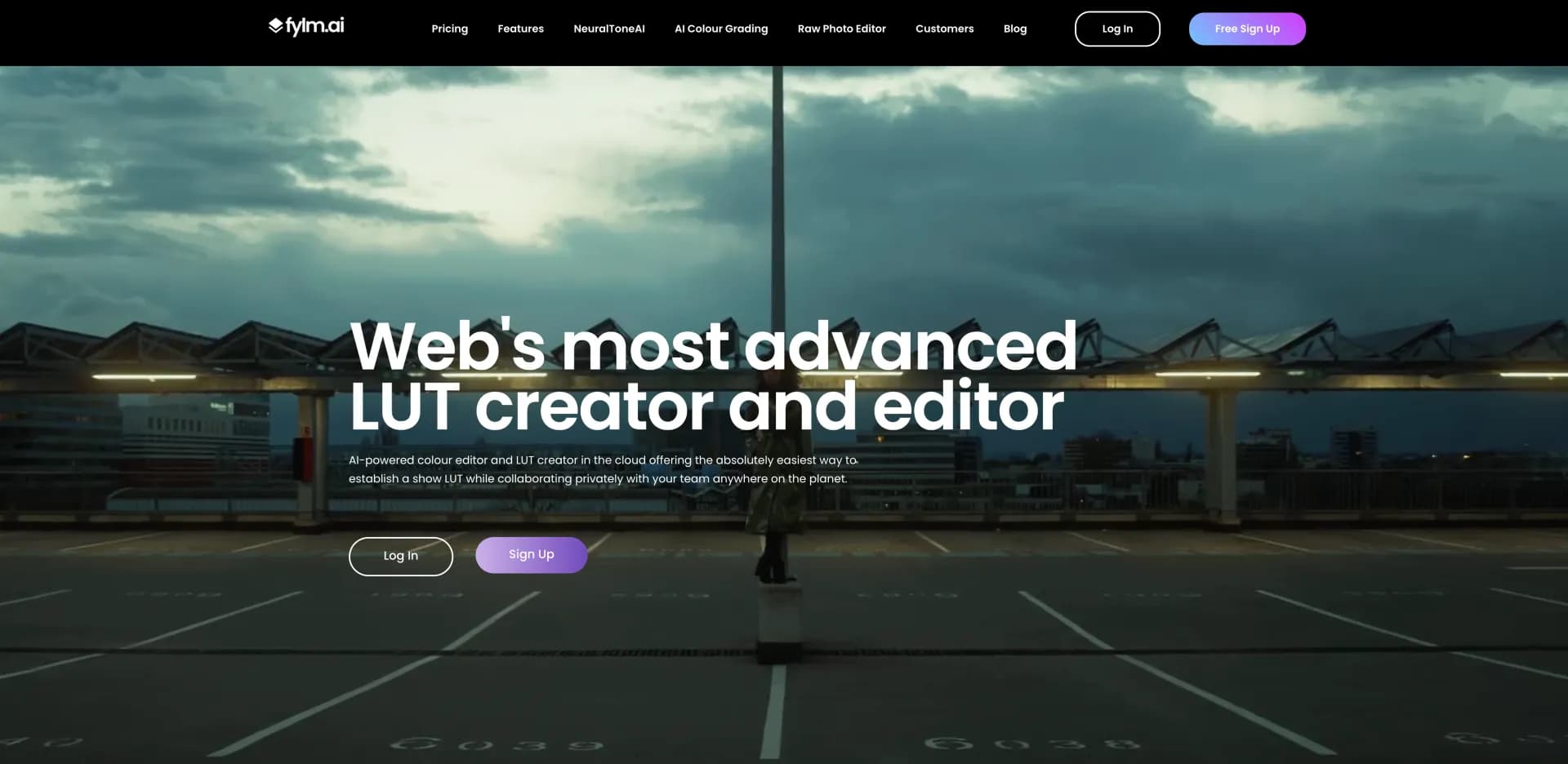 fylm.ai homepage screenshot — AI-powered cloud color grading for pros.