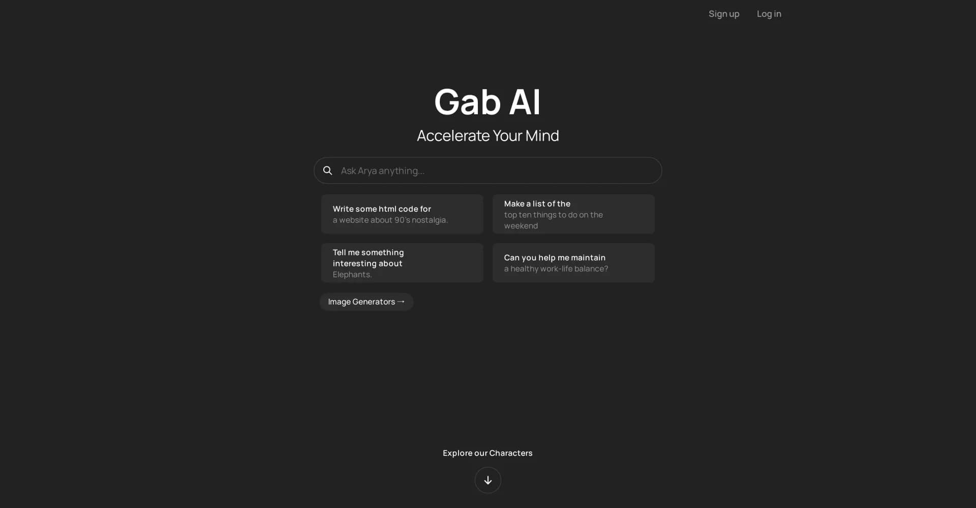 Gab AI homepage screenshot — Accelerate your mind with uncensored AI.
