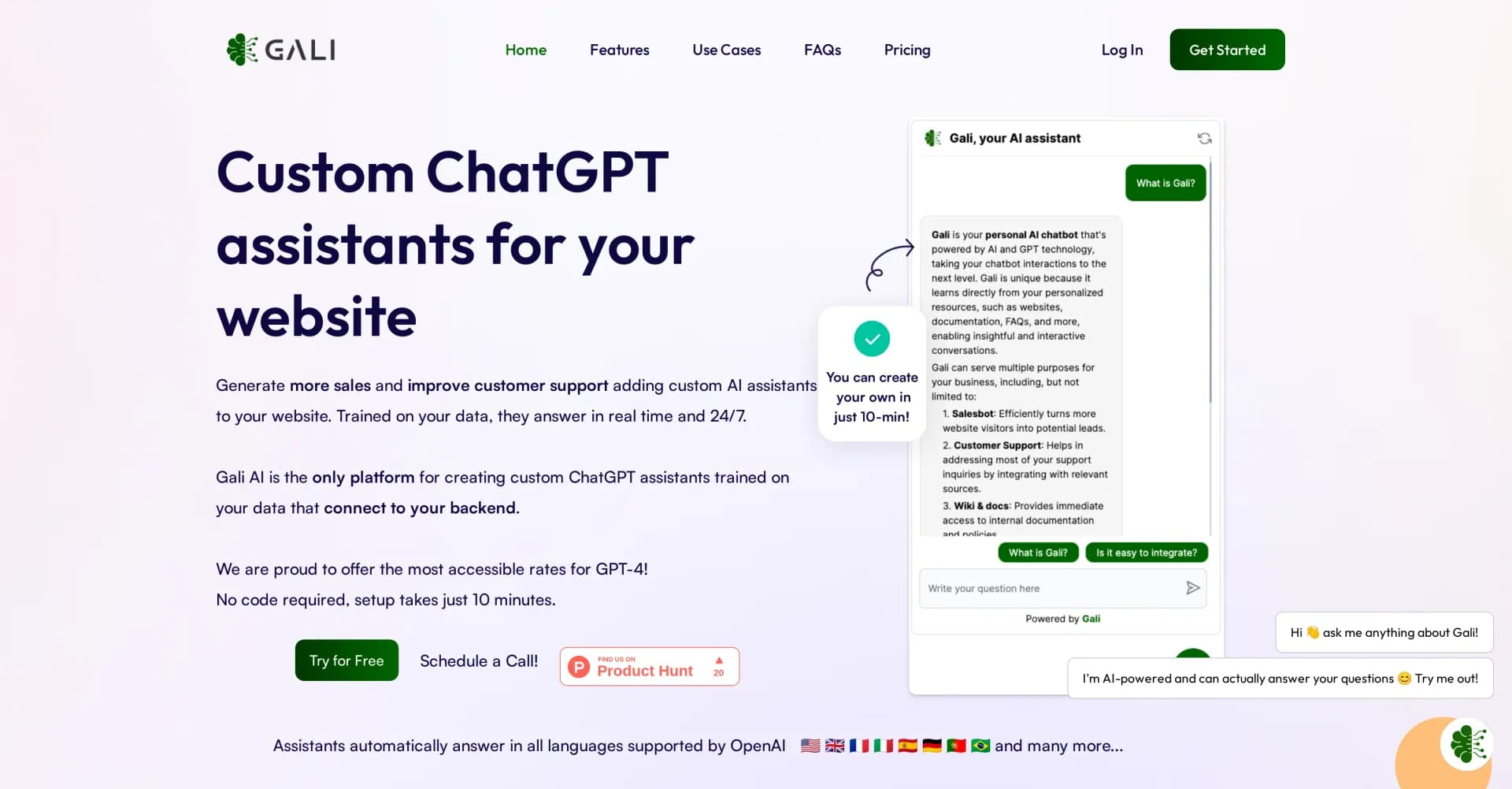 Gali homepage screenshot — Create custom AI chatbots trained on your data