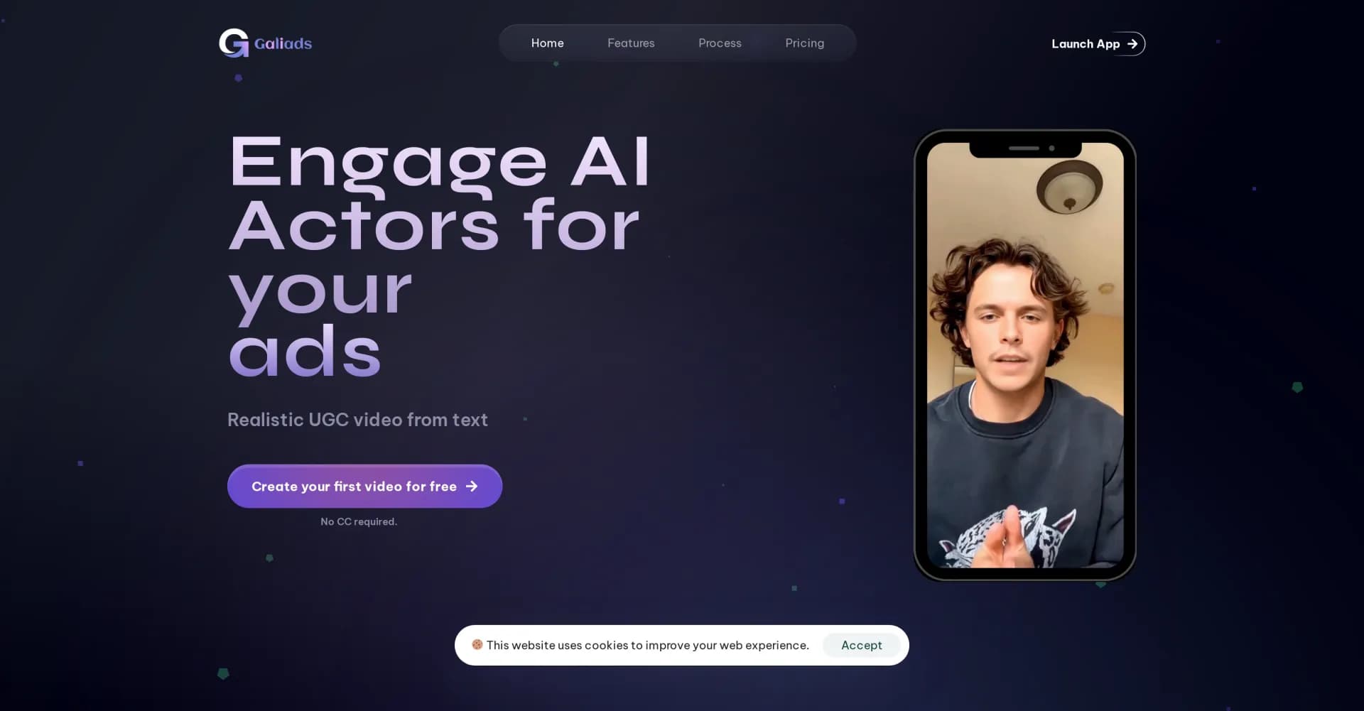 Galiads homepage screenshot — Generate realistic AI UGC videos from text