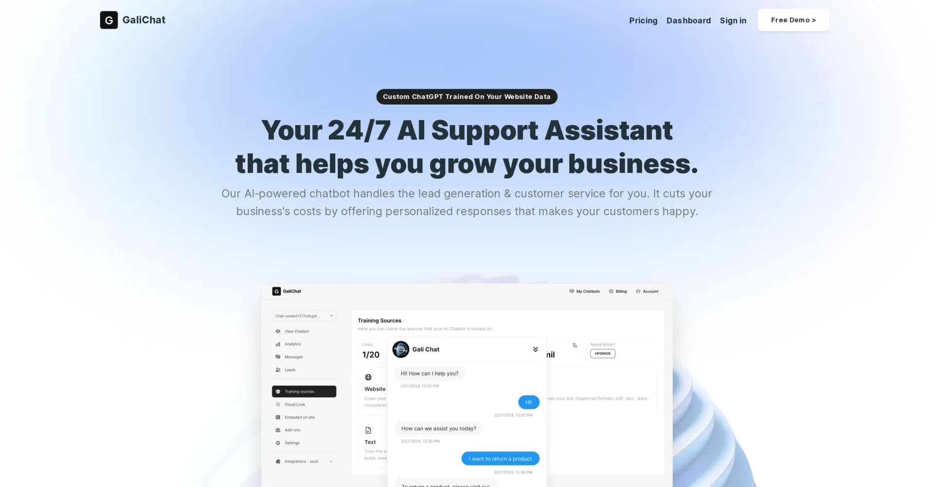 GaliChat homepage screenshot — YOUR 24/7 AI SUPPORT ASSISTANT THAT HELPS YOU GROW YOUR BUSI