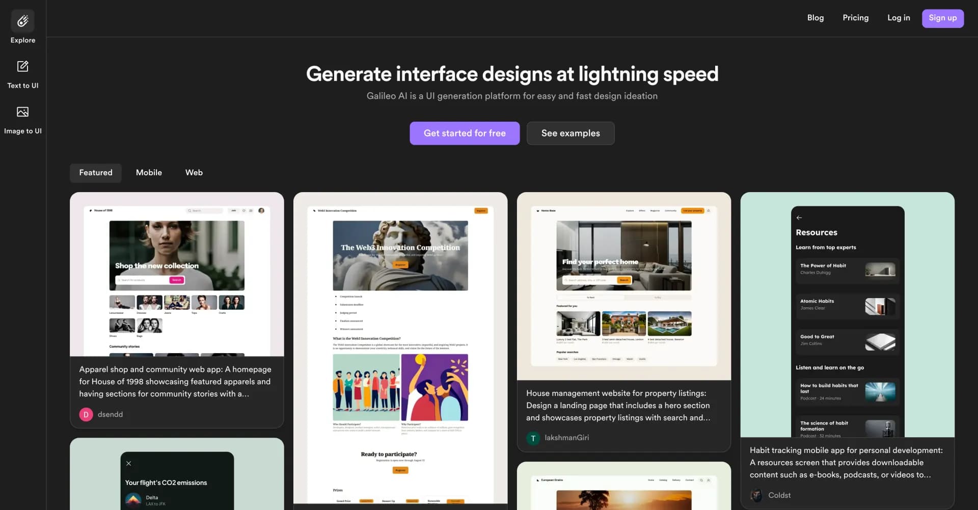 Galileo homepage screenshot — Idea to design in an instant, powered by AI