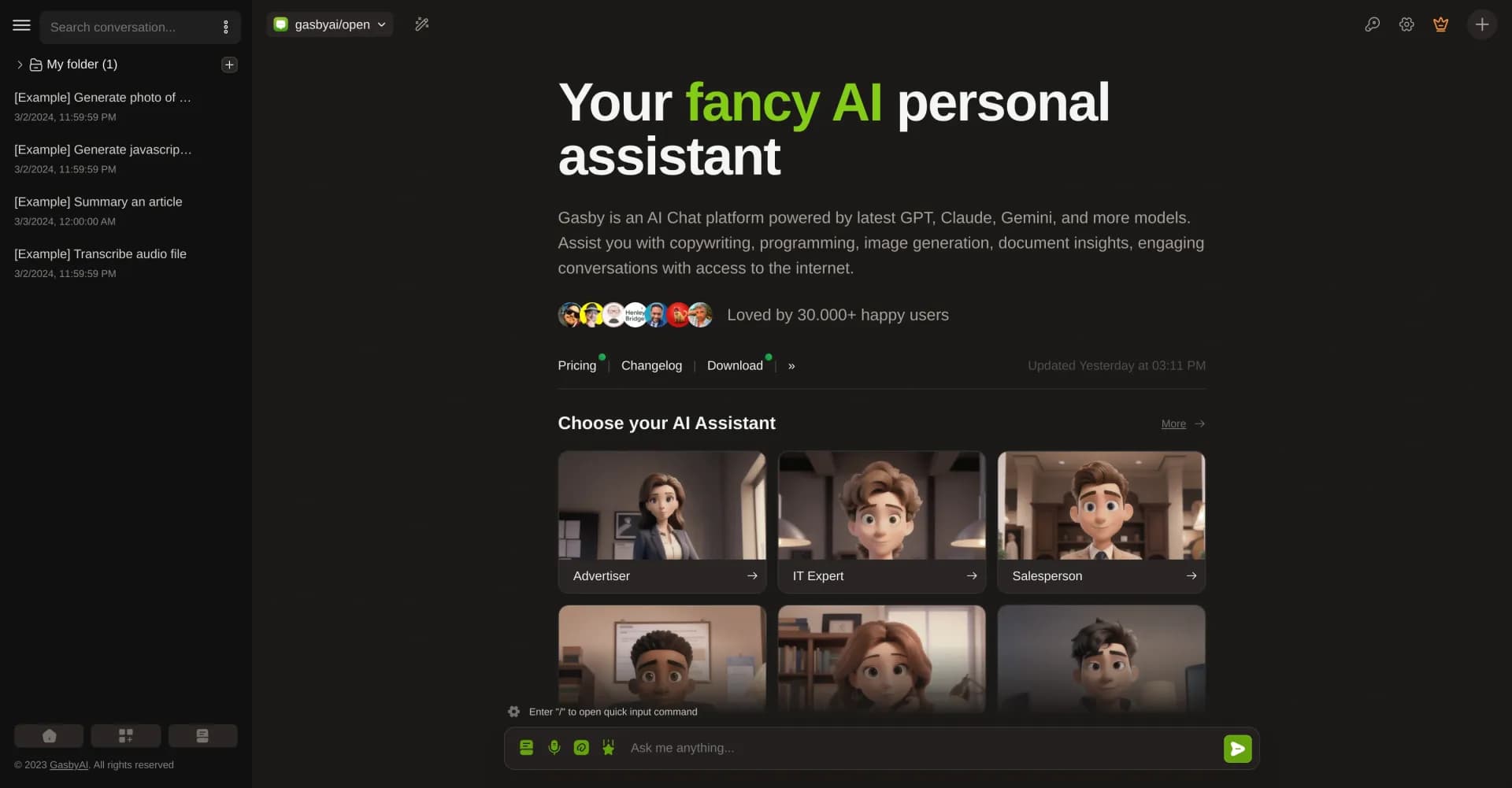 GasbyAI homepage screenshot — Your fancy AI personal assistant for writing, coding, and mo