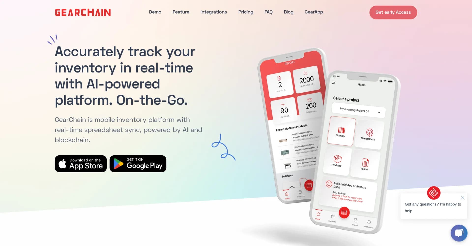 GearChain homepage screenshot — AI-powered mobile inventory with real-time spreadsheet sync.