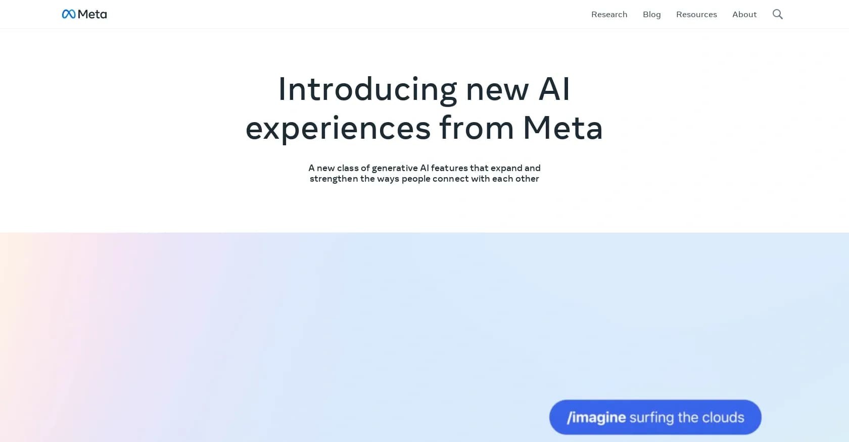 GenAI by Meta homepage screenshot — AI-powered tools to connect, create, and explore