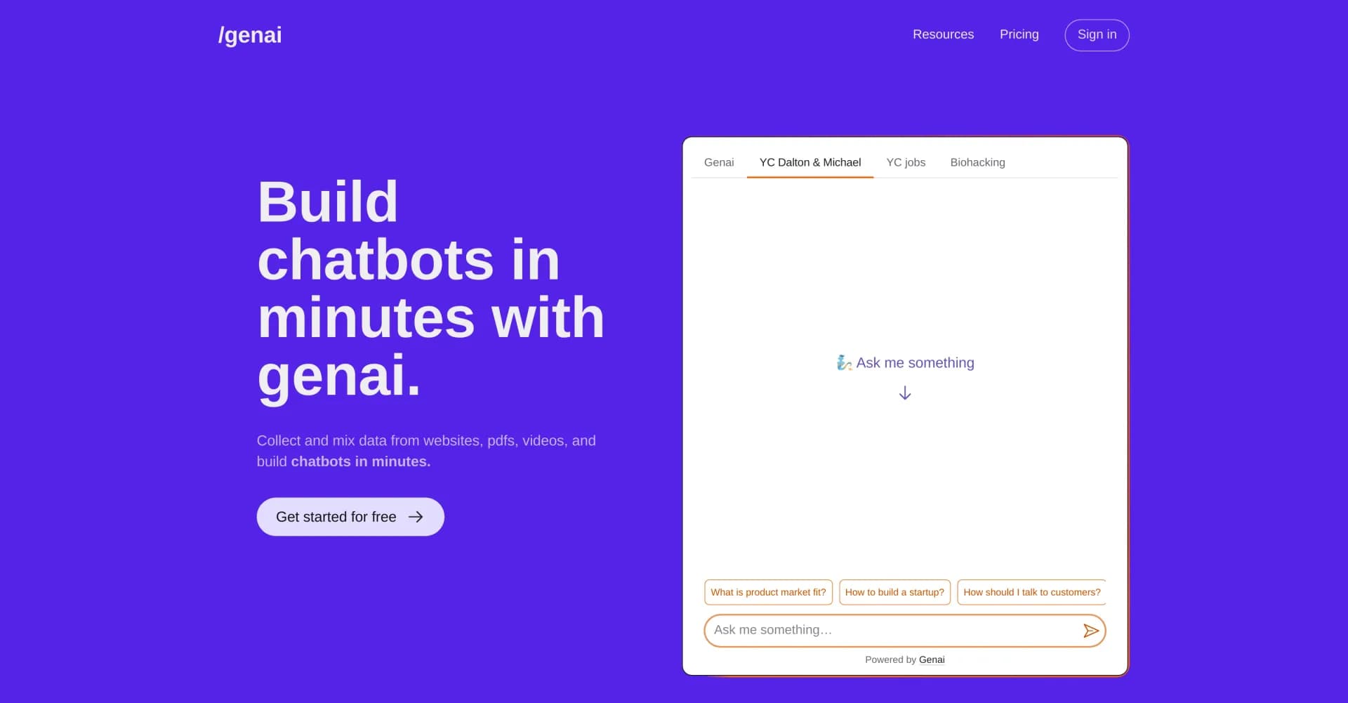 GenAI homepage screenshot — Build powerful AI chatbots in minutes