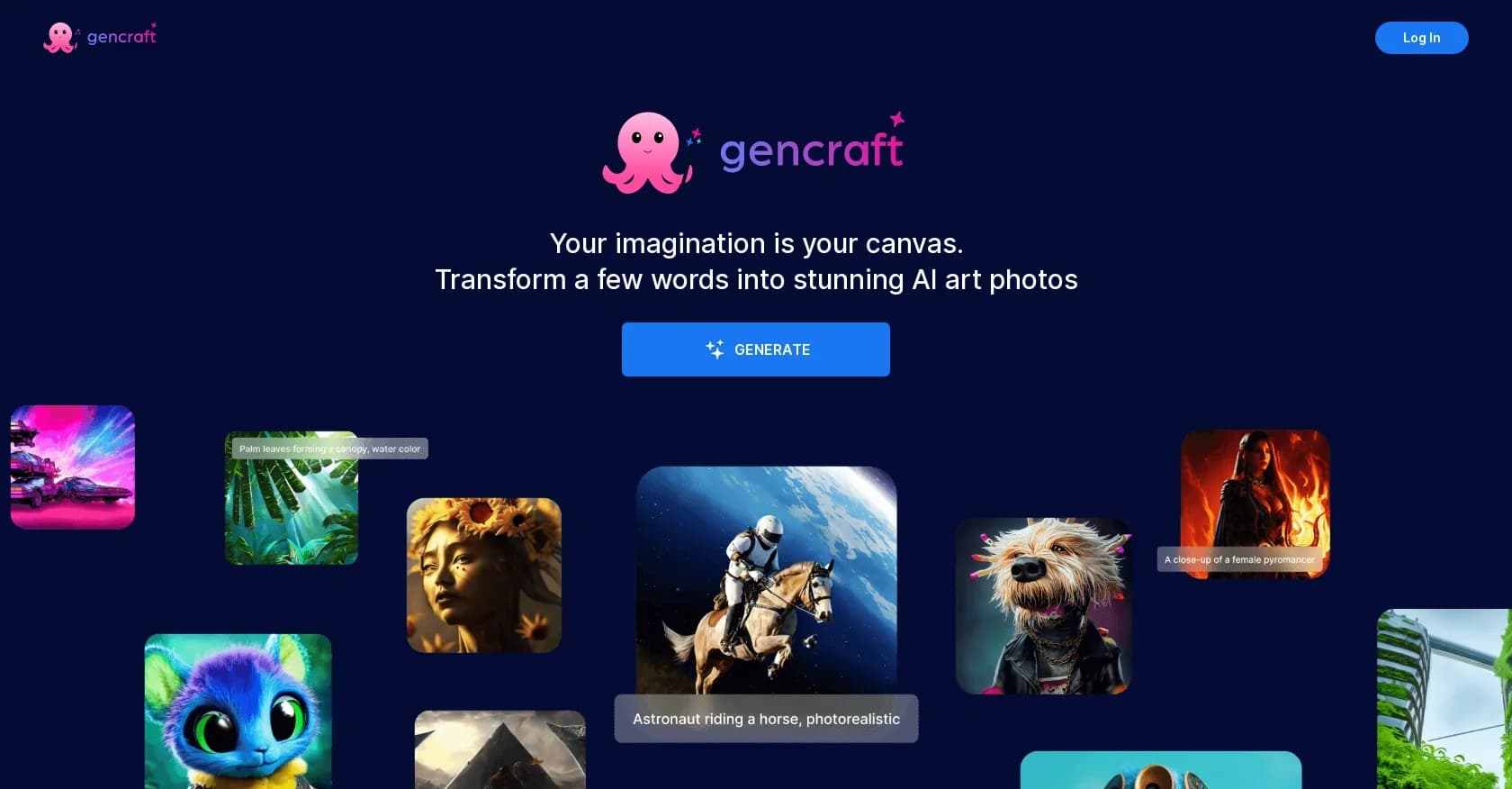 Gencraft homepage screenshot — Transform words into stunning AI art photos.