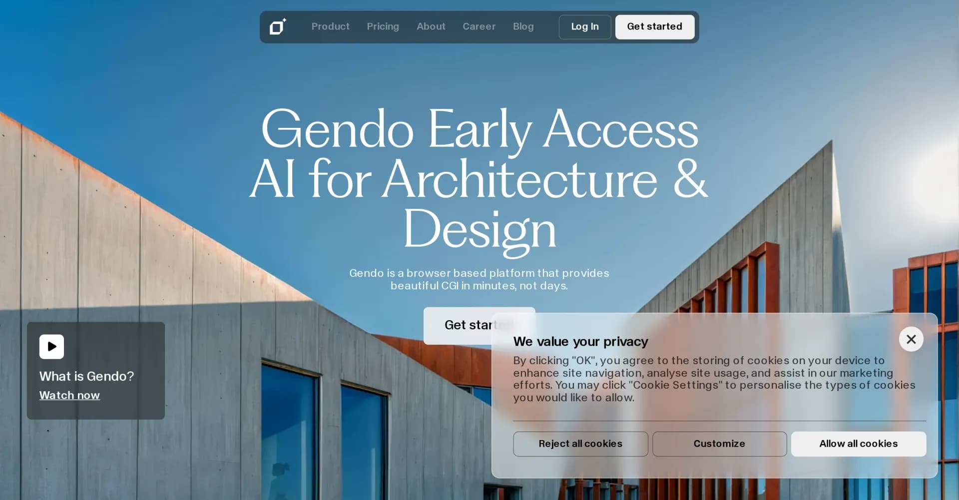 Gendo homepage screenshot — Beautiful CGI for designers in minutes, not days.