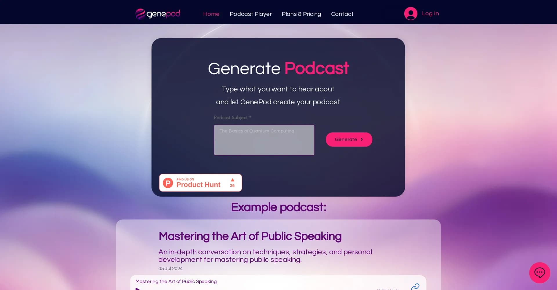 Genepod homepage screenshot — AI-generated podcasts on any topic you choose.