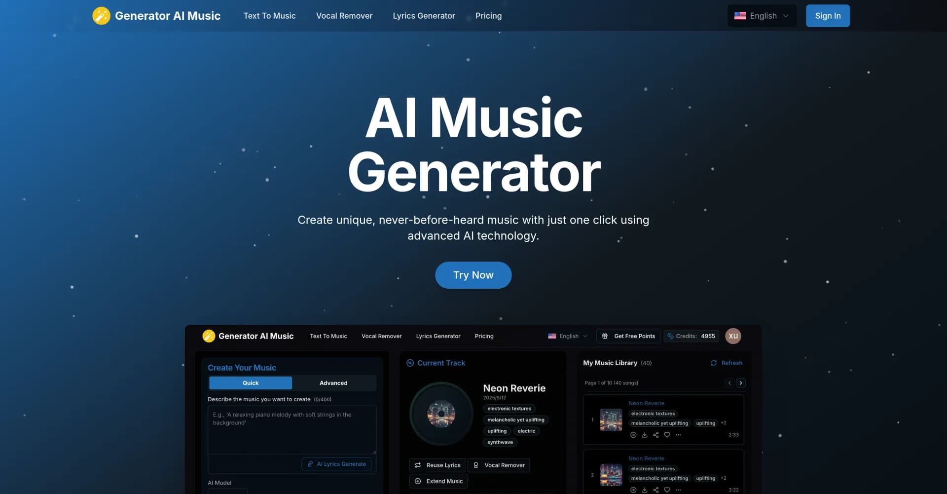Generator AI Music homepage screenshot — Create unique music with AI in one click.