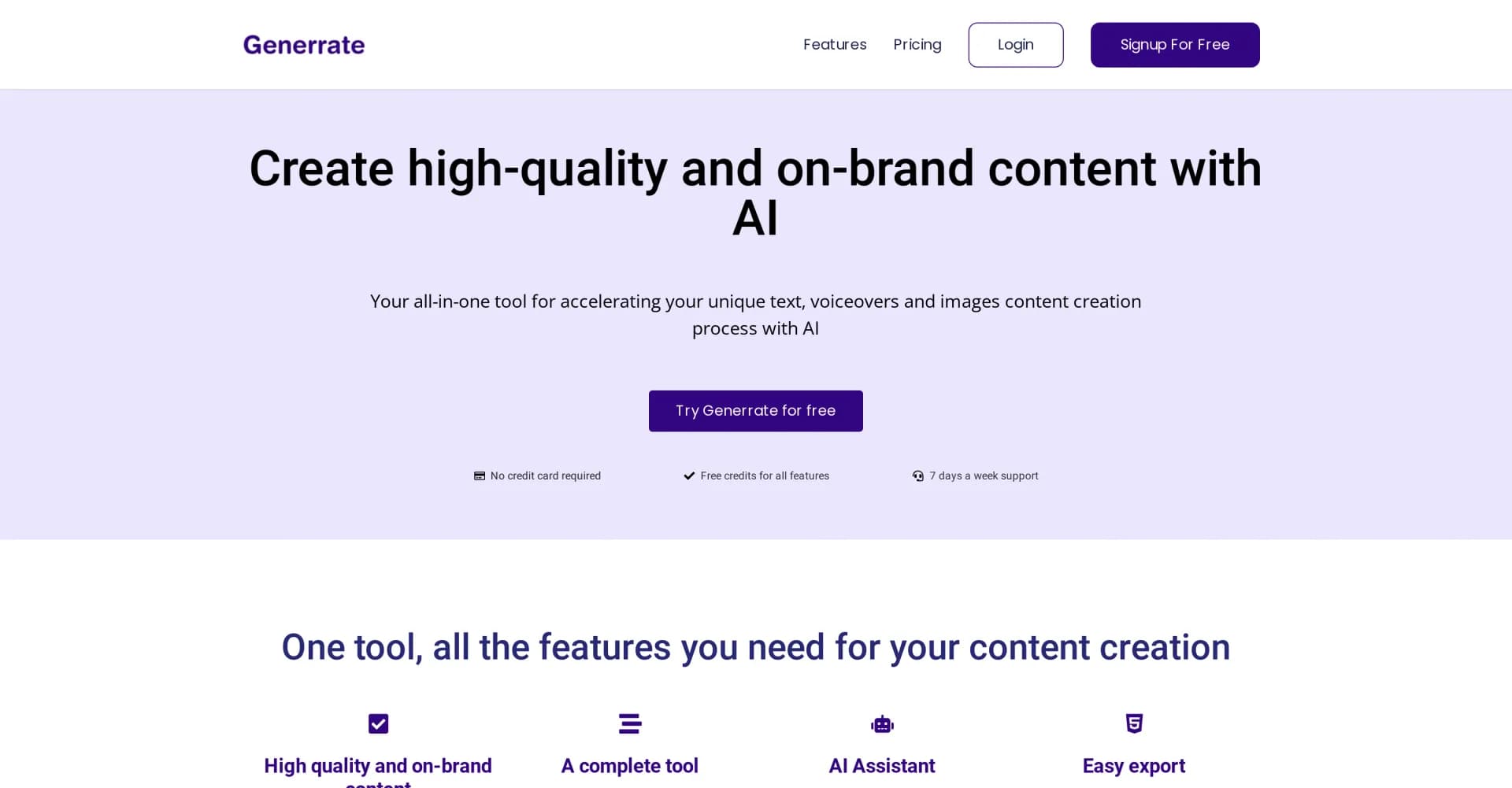 Generrate homepage screenshot — AI-powered content creation for text, image, and voice