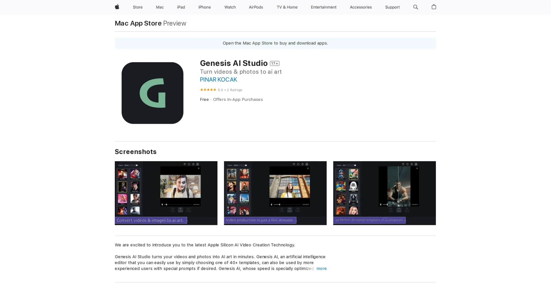 Genesis AI Studio homepage screenshot — Turn videos & photos to AI art.