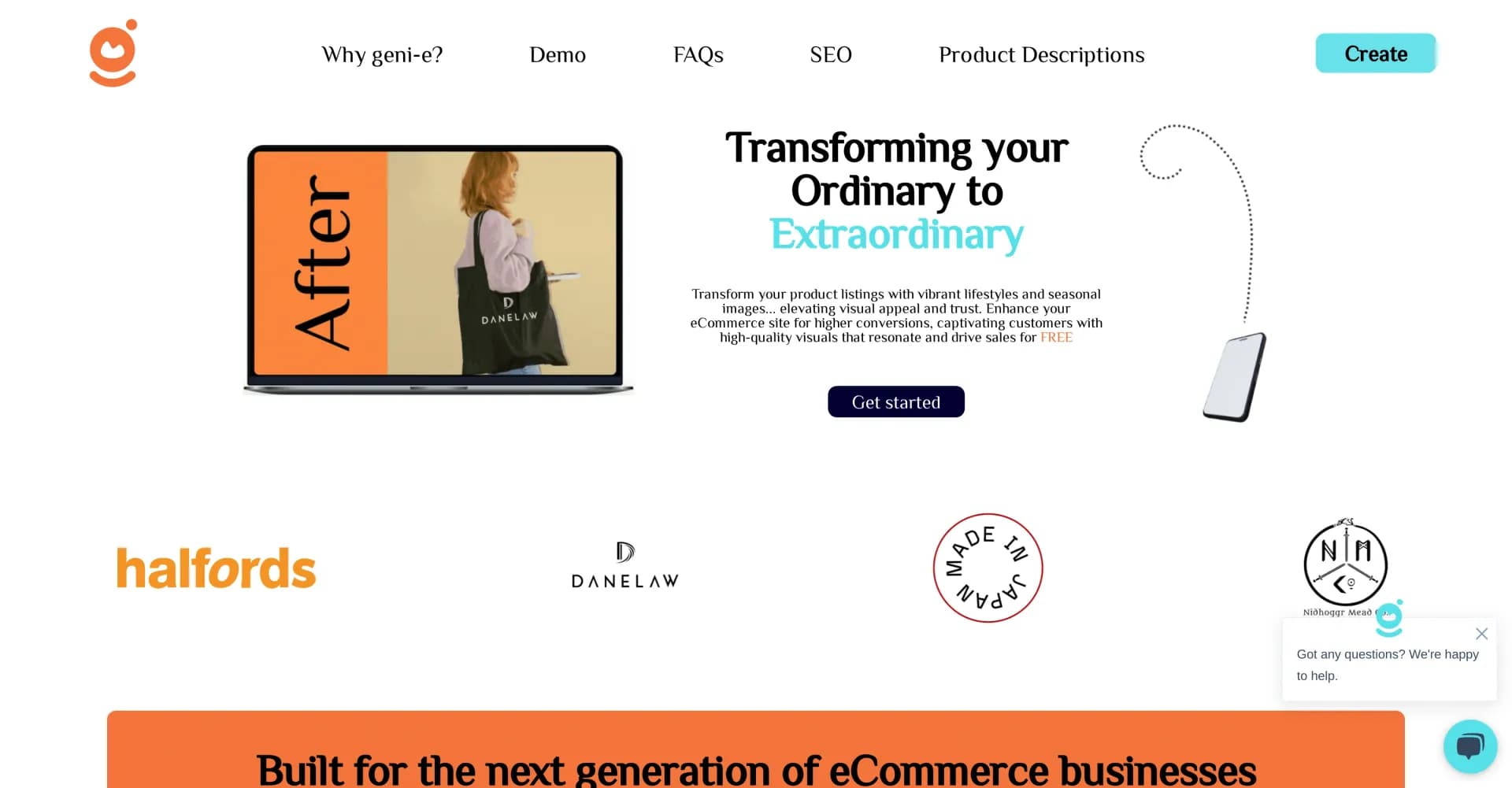 Geni-E homepage screenshot — Transform product listings with AI-generated images