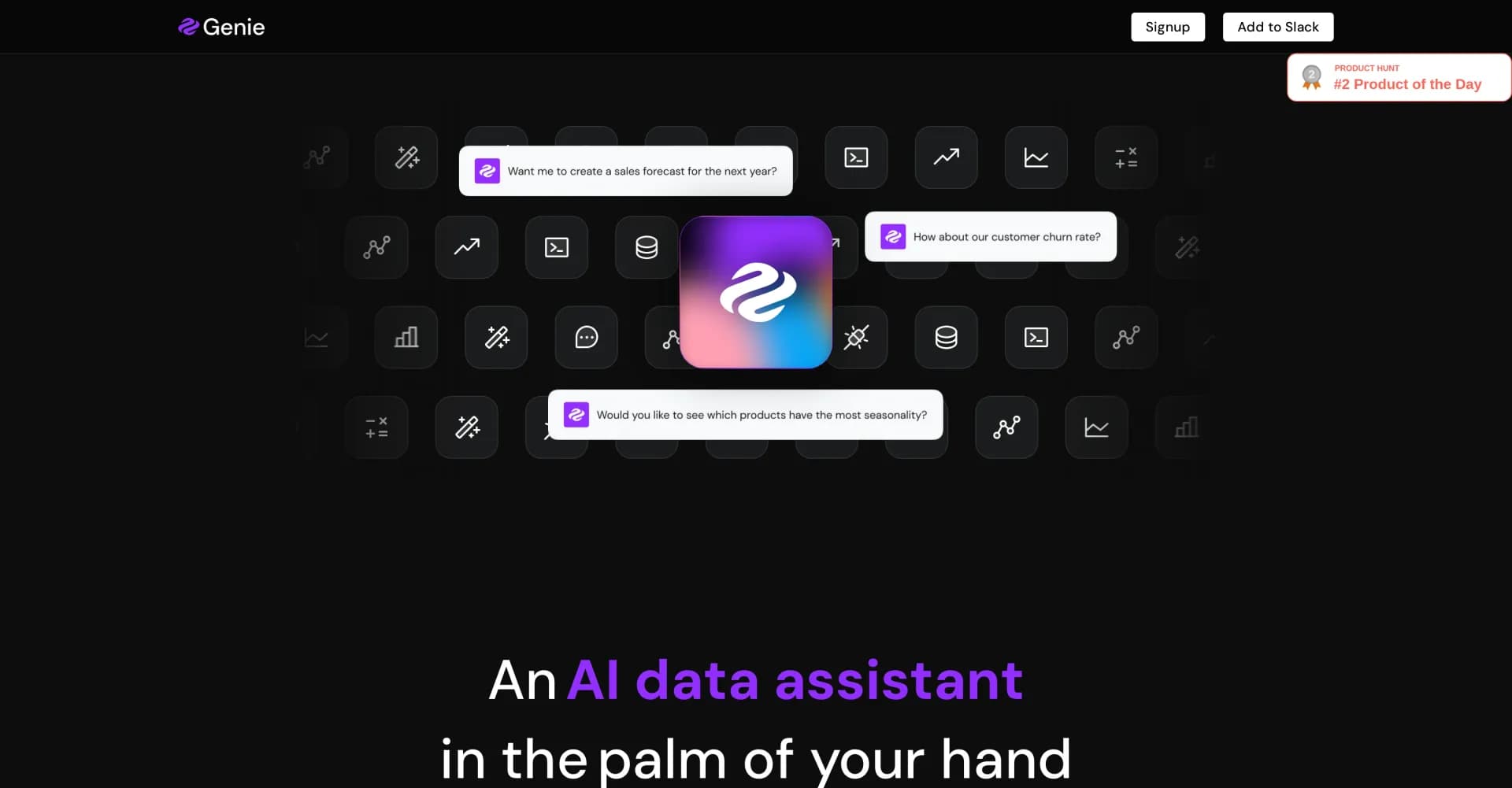 Genie - AI Data Assistant homepage screenshot — AI data analyst without complex SQL.