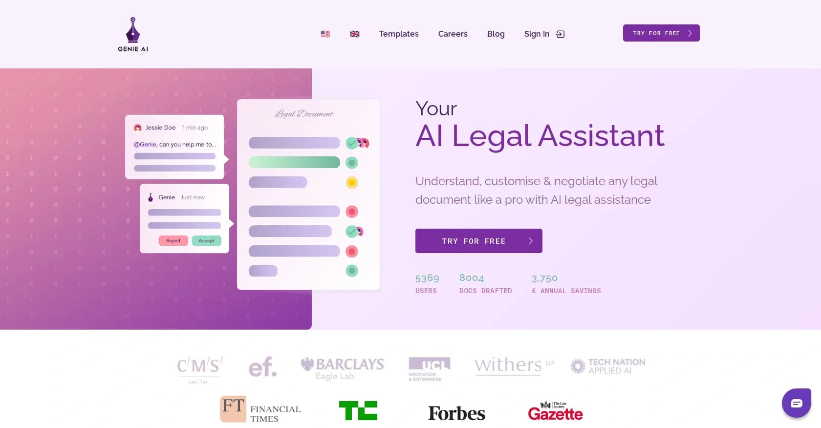 Genie AI homepage screenshot — AI-powered legal documents without a solicitor