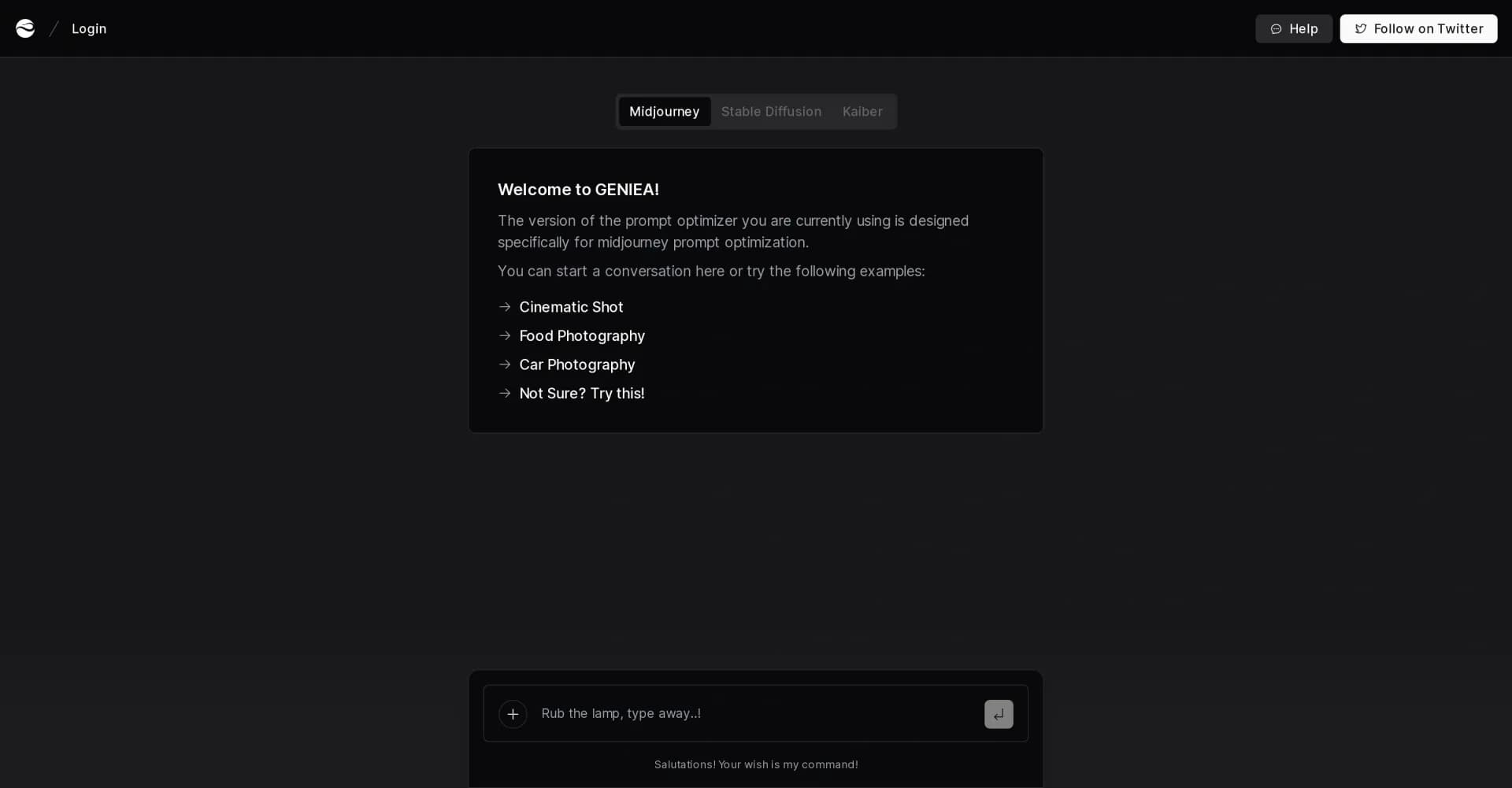 Geniea homepage screenshot — AI-powered prompt magic for Midjourney