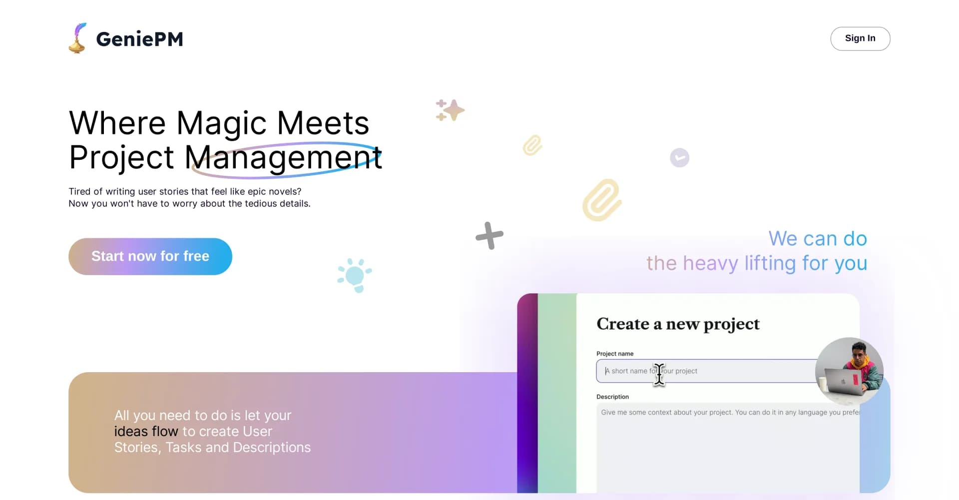 GeniePM homepage screenshot — AI-powered product requirements magic