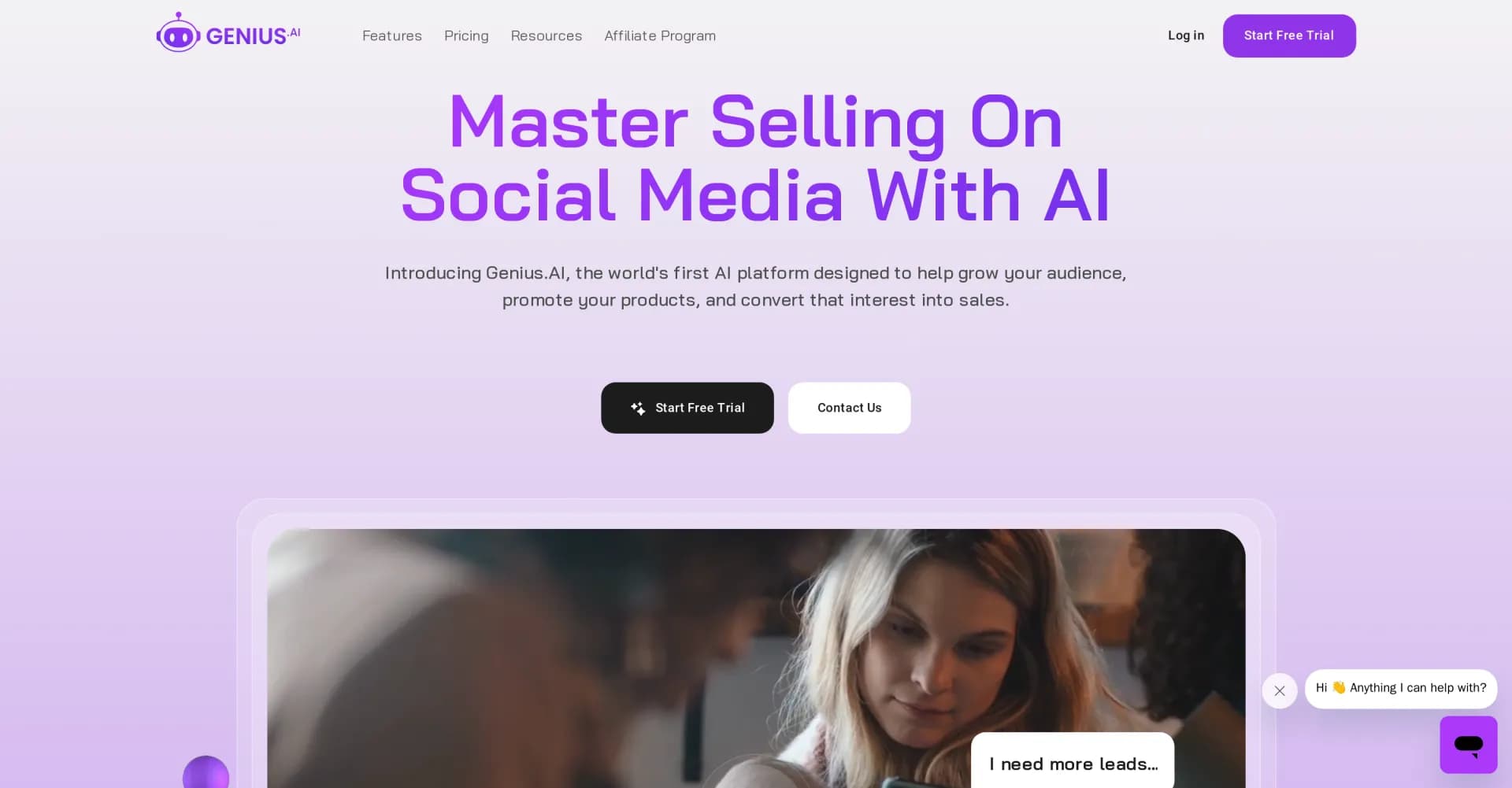 Genius.AI homepage screenshot — AI-powered sales and marketing copilot for business growth